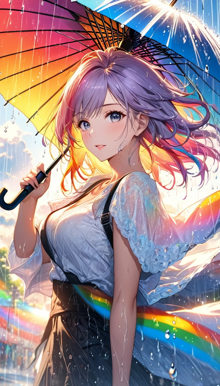 masterpiece, Highest quality, Realistic, Very detailed, In detail, High resolution, 8k wallpaper, One beautiful woman, Flashy and dynamic depiction, Beautiful woman having fun with an umbrella, Like a scene from a movie, Rainbow-colored rain pours down, splash, Sunlight passing through the clouds, Twinkle effect