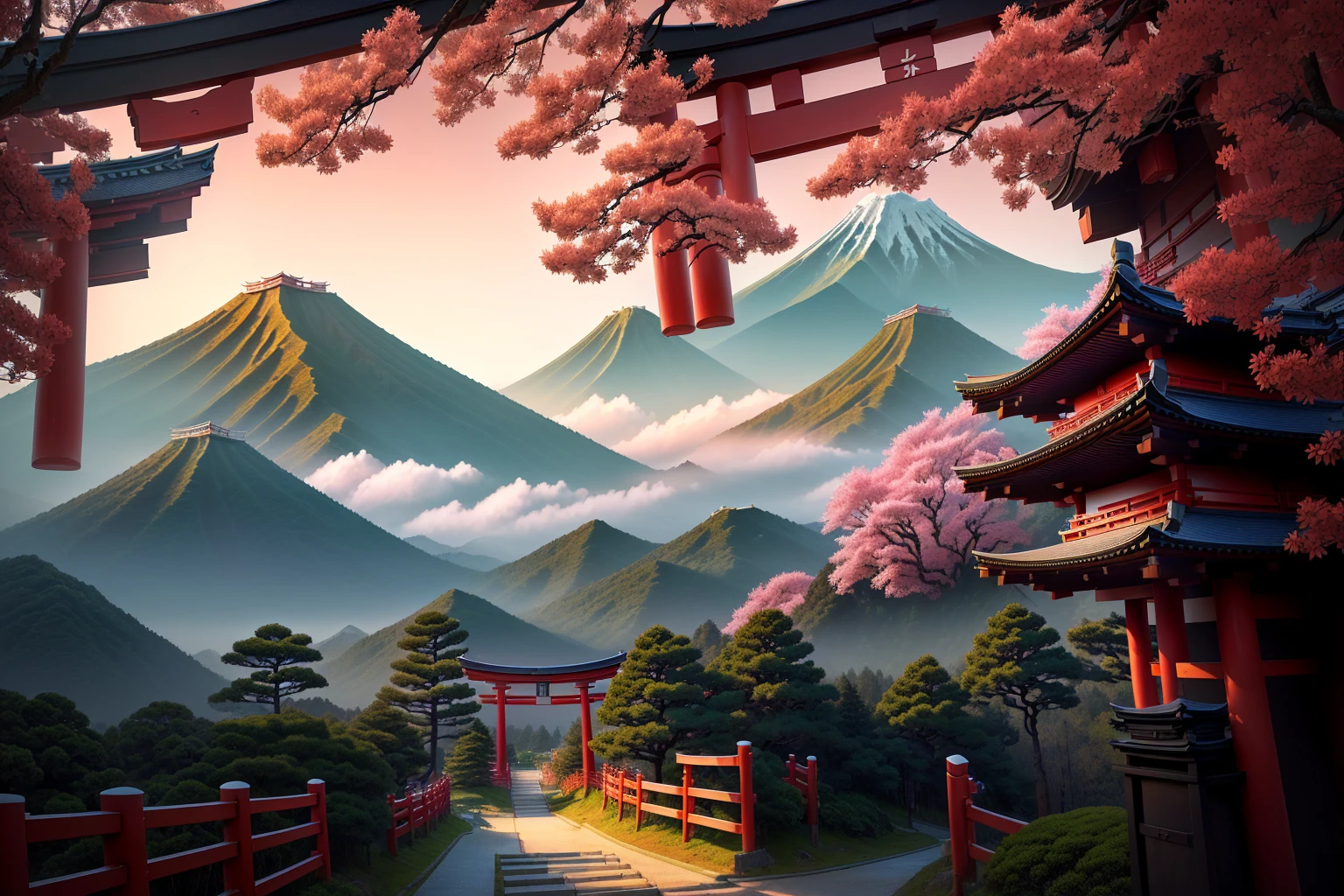 Arafad view with gate and path leading to the mountain, Mount Japan中的鸟居, Torii gate with trees on the mountain, Japanese Landscape, The Flowery Road to Heaven, Japanese Nature, Japanese travel aesthetics, lush Japanese Landscape, Inspired by Torii Kiymoto, Japanese temples, Mount Japan, Japanese Shrines, Centered Torii,((low angle shot 1.7))