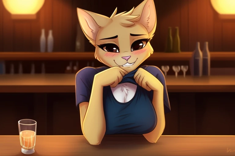 Katya, cat girl, furry anthro, One, Dark brown eyes, (furry body:1.1), (Best quality), wear a black tank top, Close-up, in the bar, leaning on a round table, empty glass cups in front of her, eyes half closed, blushing, biting_lip:1.4, small hearts, hovering around her, foreground, on terraces, author: Woolrool (((hands holding shirt up))) (((looks at the viewer, imperceptibly lowers his shirt with his hands, showing not much of his breasts)))