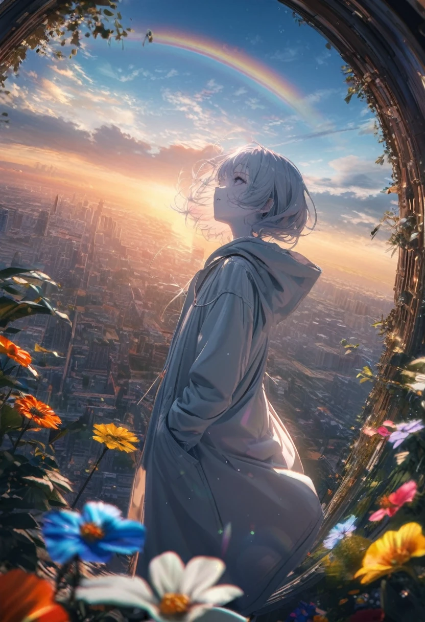 Angelic, detailed woman, sunrise, rainbow, After the Rain, horizon, In the sky, city , Lens flare, colorful,coat, Put your hands in your pockets,(student, 18-year-old, JK, Her short silver hair sways, Pale skin,) Looking up at the sky, Beautiful sky, The scenery is beautiful., 広いLooking up at the sky, Colorful summer flowers are blooming everywhere., I see the wind blowing and shining, In the skyは正午の月と正午の星がある,From below, break ,quality(8k,非常に精細なCGユニットのwallpaper, masterpiece,High resolution,top-quality,top-quality real texture skin,Surreal,Increase the resolution,RAW Photos,最高quality,Very detailed,wallpaper,Cinema Lighting,Ray Tracing,Golden Ratio),Have a long-term perspective