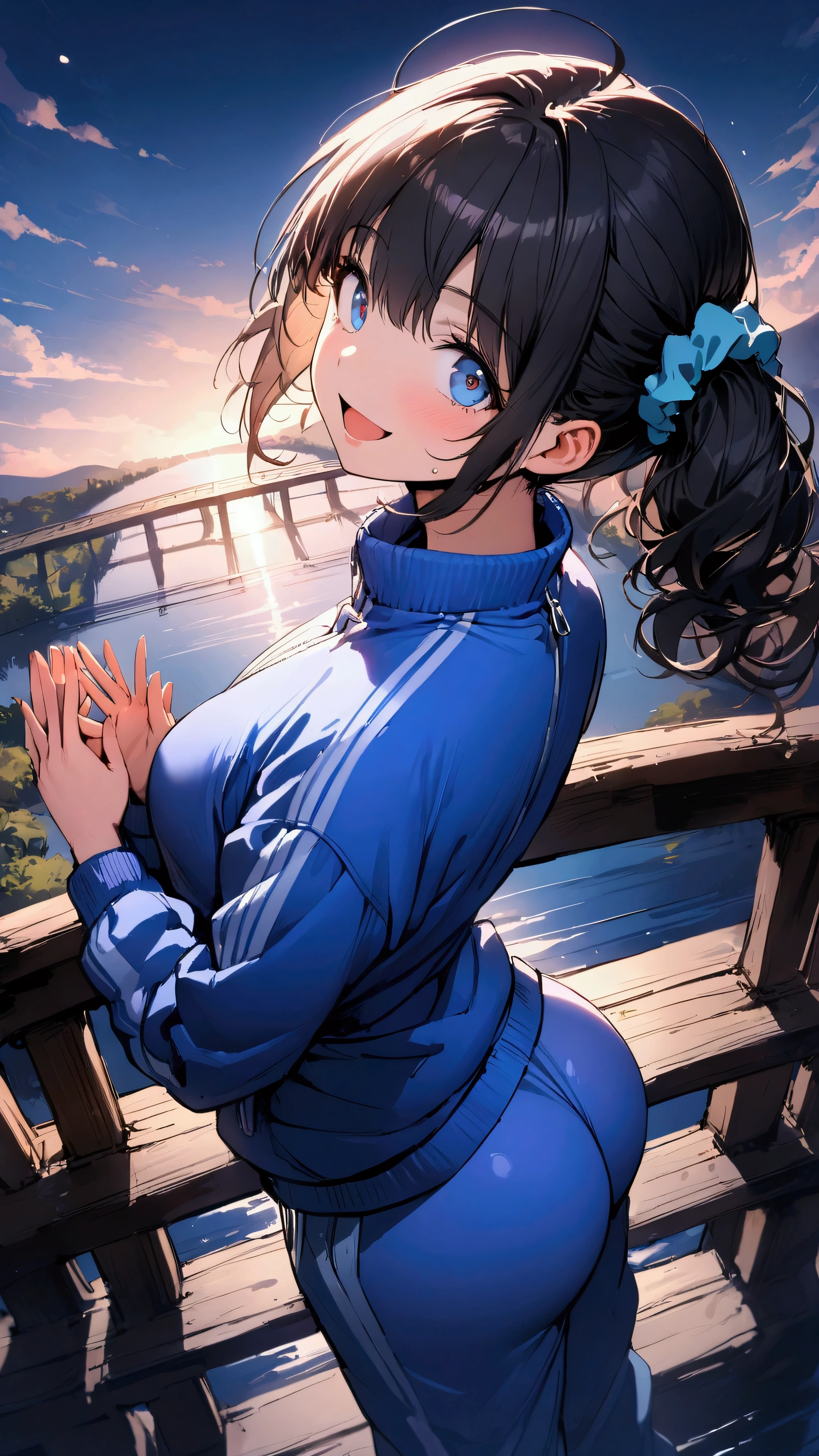 masterpiece, Highest quality, Ultra-high resolution, (beautiful girl: 1.3), (((Scrunchie hair))),Black Hair,smile、Looks about 15 years old、 (Blue sweatpants:1.3), (The jacket is a blue track jacket...: 1.3), Rear View、Focus on the very big things, Round and beautifully shaped butt,,Bridge over the lake,((Standing on a tall bridge, I raised my hands and opened my mouth to shout))、((look up))