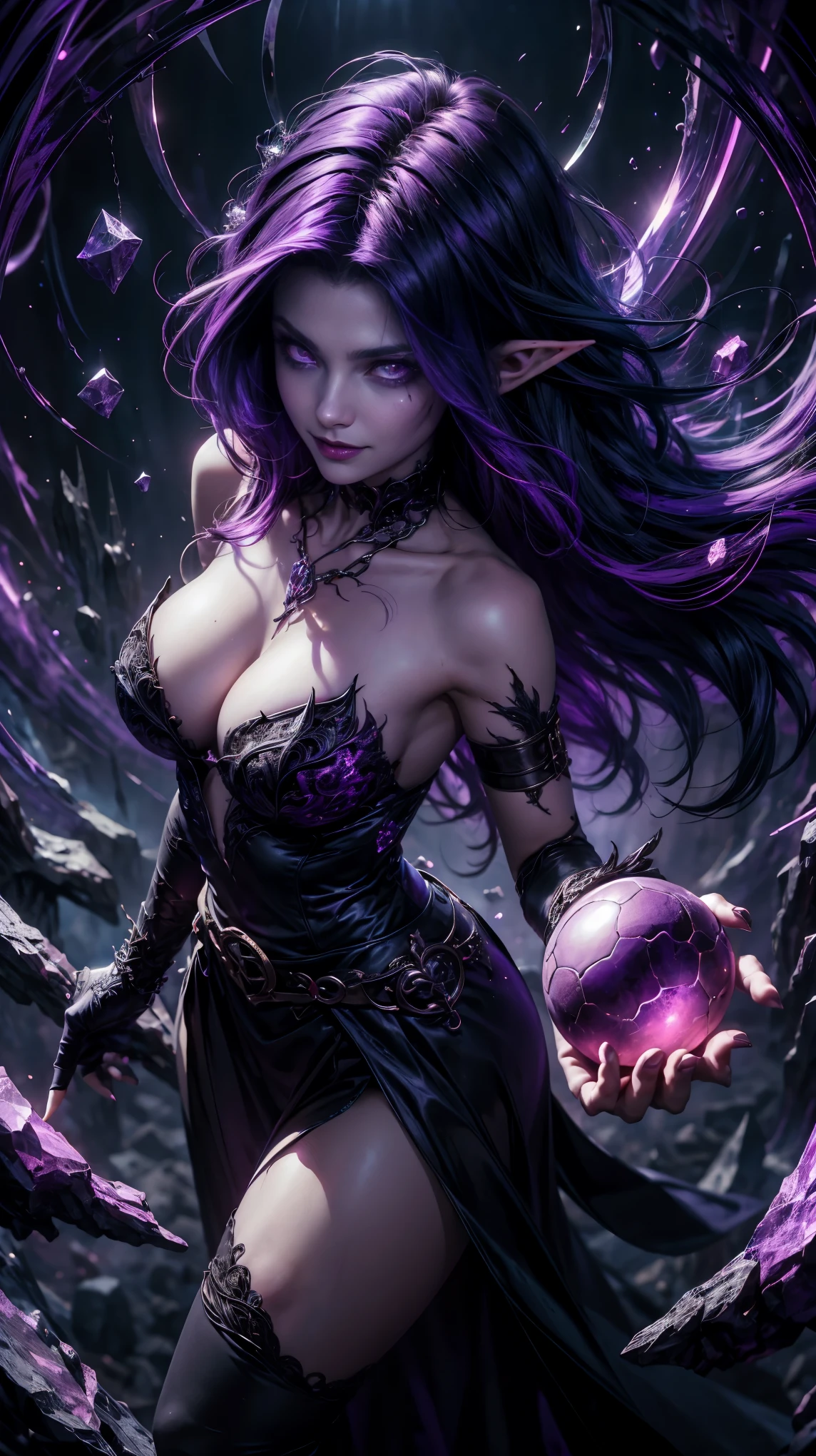 from above, high view shot, in the heart of a fantasy evil world, a young sexy elf woman with a dark purple style haircut, middle purple middle black hair, elf ears, sexy dark witch clothes, dark purple magic aura, evil smile. In a cursed dungeon, with cursed walls marked with evil symbols, dark blood, sensual pose, hands holding a crystal orb, cursed cauldron, creates an atmosphere of black magic and cursed magic, energy and neon lights. good quality eyes, red eyes, ultra detailed, purple and evil magic light effects, masterpiece, 4k, raytracing, medium body, close-up, high view, particles and hard purple neon lights, focus on purple and black color