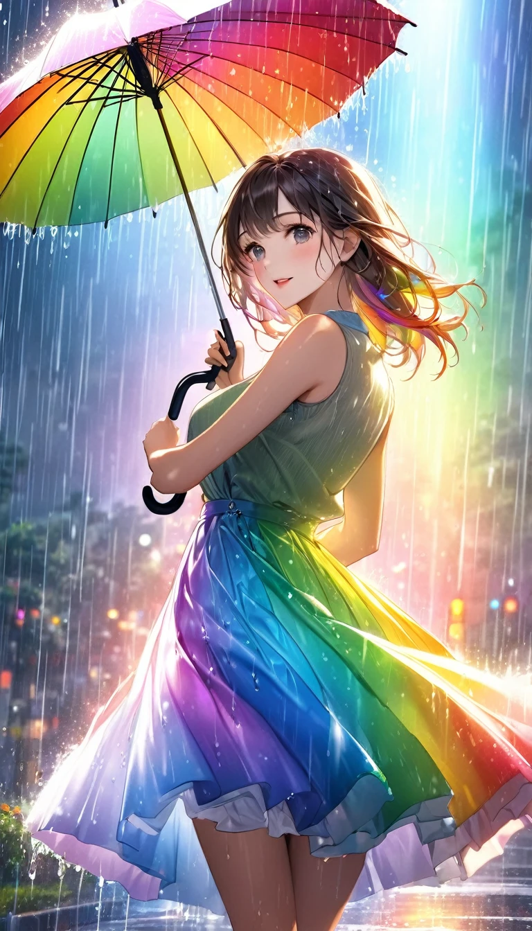 masterpiece, Highest quality, Realistic, Very detailed, In detail, High resolution, 8k wallpaper, One beautiful woman, Flashy and dynamic depiction, Beautiful woman having fun with an umbrella, Like a scene from a movie, Rainbow-colored rain pours down, splash, Sunlight passing through the clouds, Twinkle effect