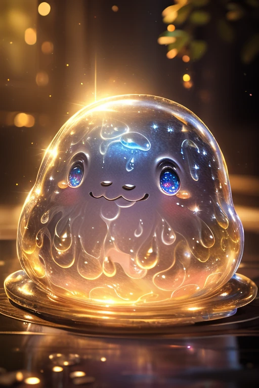 (Highest quality、masterpiece、8k))、Anatomically correct、Very detailed、High resolution、Realistic、((Beautiful, sparkling, detailed eyes))、Intricate details、Cinematic lighting、((Dynamic composition))、Japanese Slime、Round Slime、Very cute slime