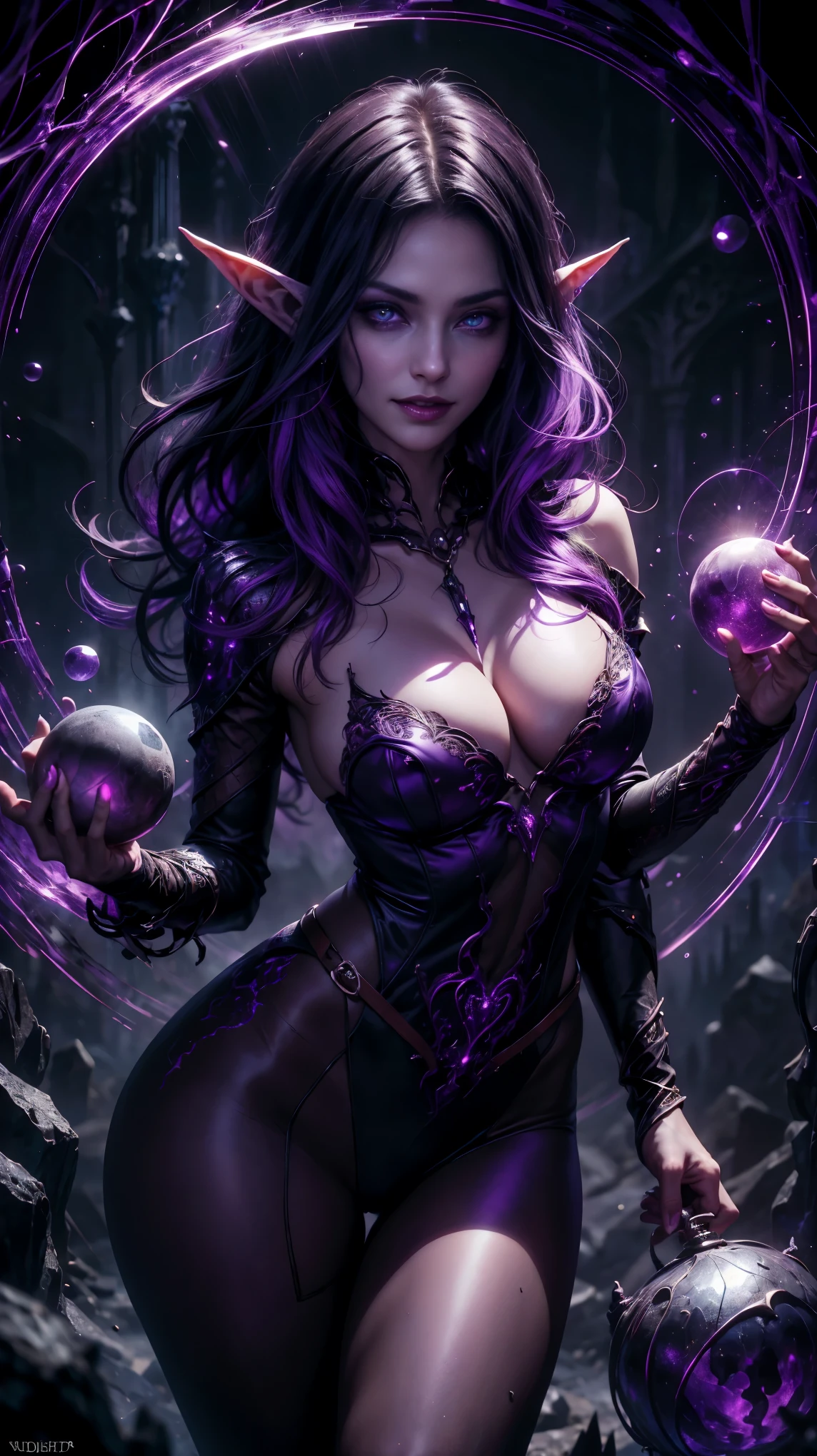 from above, high view shot, in the heart of a fantasy evil world, a young sexy elf woman with a dark purple style haircut, middle purple middle black hair, elf ears, sexy dark witch clothes, dark purple magic aura, evil smile. In a cursed dungeon, with cursed walls marked with evil symbols, dark blood, sensual pose, hands holding a crystal orb, cursed cauldron, creates an atmosphere of black magic and cursed magic, energy and neon lights. good quality eyes, red eyes, ultra detailed, purple and evil magic light effects, masterpiece, 4k, raytracing, medium body, close-up, high view, particles and hard purple neon lights, focus on purple and black color