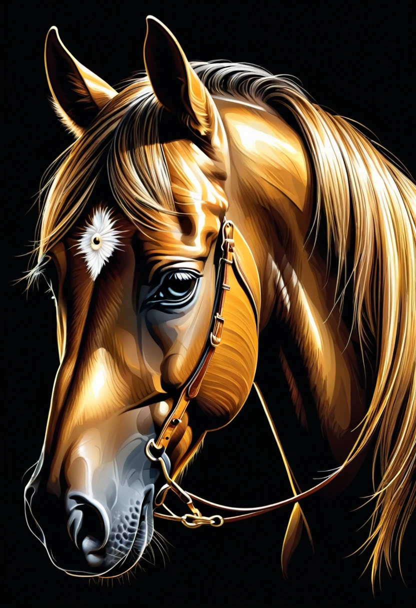 Golden horse head on black background, sharp edges, masterpiece, drawn with pencil, Vector image