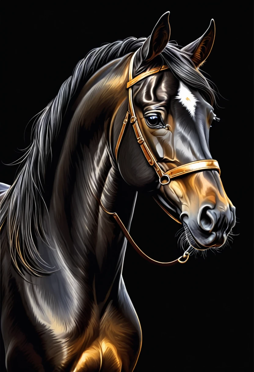 Golden horse head on black background, sharp edges, masterpiece, drawn with pencil, Vector image