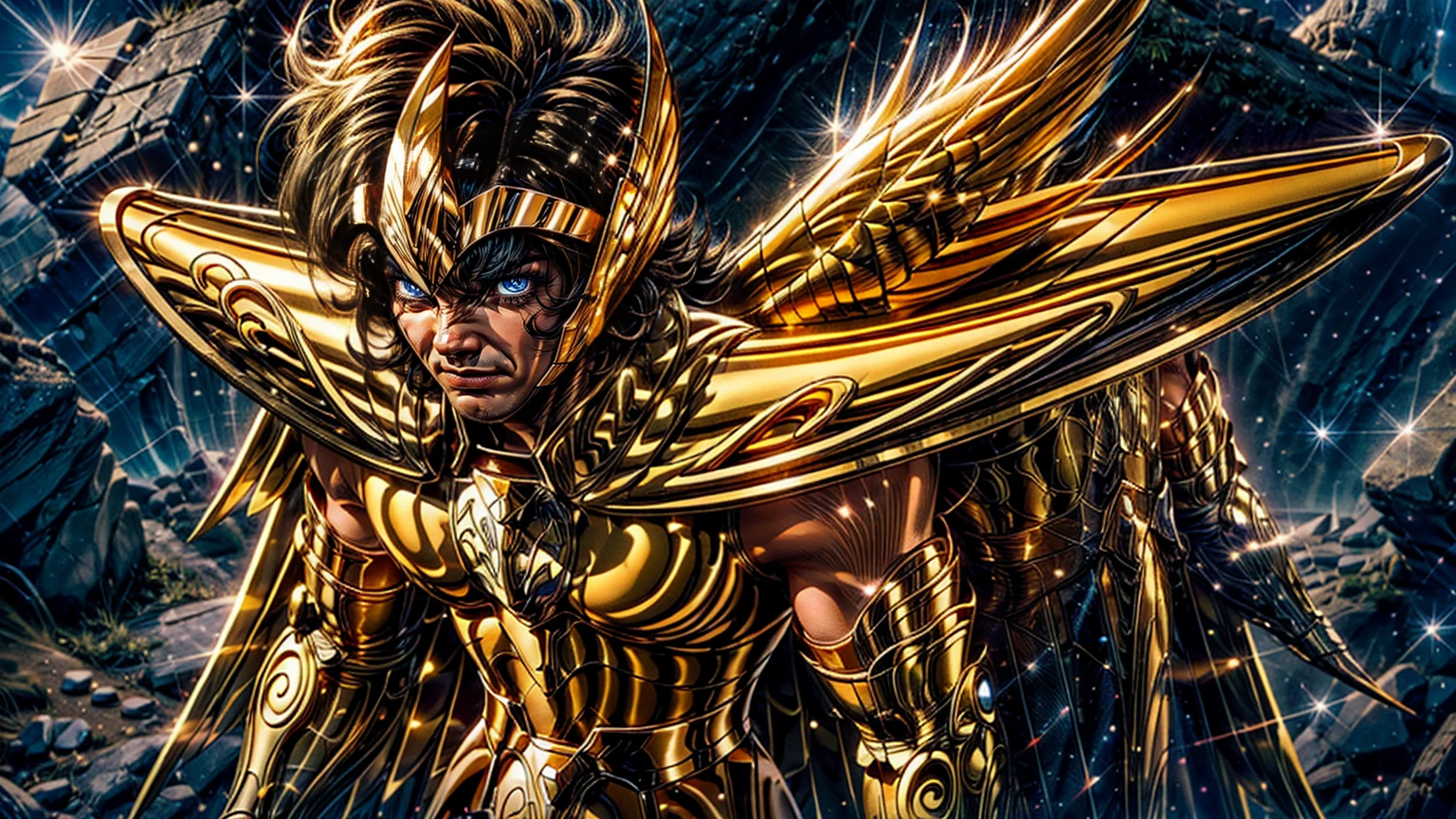 (masterpiece), 1boy, 20 yo man, (muscular), Saint seiya, zodiac knight, gold armor, full body shot, full body armor, gold saint, athletic_male, muscular, muscular biceps, shredded, well-defined muscles, full leg armor, storm, thunderbolt, thunder, lightning, greek ruins, masculine muscular figure, heroic fantasy art, muscular character, heroic masculine, fierce, manly face, Armor, Golden Armor, (helmet), night sky, (Golden helmet: 1.2), full body, shiny armor, thundermagic, excessive energy, charged aura, full body, thunderbolt, big biceps, white cape, flowing cape, long hair, fingerless gloves, SagittariusArmor, armor, golden armor, wings, helmet, long metal wings, (((long golden wings))), s4g1tt410l0s,
BREAK,
(full body shot), photorealistic, best quality, extremely detailed CG unity 64k wallpaper, ultra-high resolution, ultra-high definition, maximalist, 64k UHD, highres, intricate, intricate details, absurdres, highly detailed, finely detailed, ultra-detailed, ultra-high texture quality, DLSR, RTX, (HDR), detailed textures, ultra-high pixel detail, professionally color graded, full color depth, sharp focus, volumetric lighting, natural shadow, dramatic shading, dramatic lighting,
