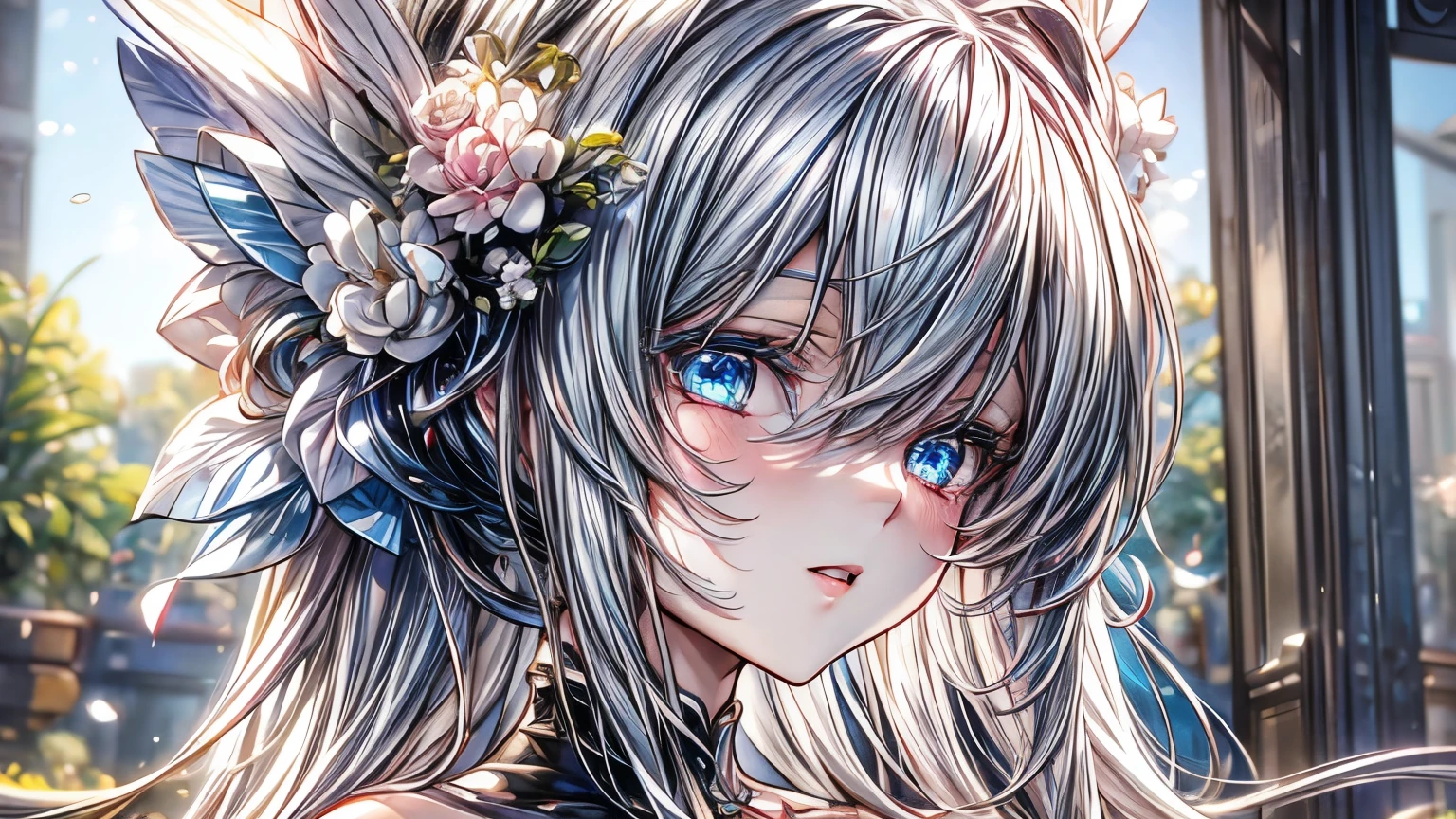 anime girl with blue eyes and white hair in front of flowers, beautiful anime portrait, cute anime girl portraits, anime visual of a cute girl, detailed portrait of anime girl, detailed digital anime art, stunning anime face portrait, anime art wallpaper 4 k, anime art wallpaper 4k, portrait anime girl, cute anime girl portrait, girl with white hair
