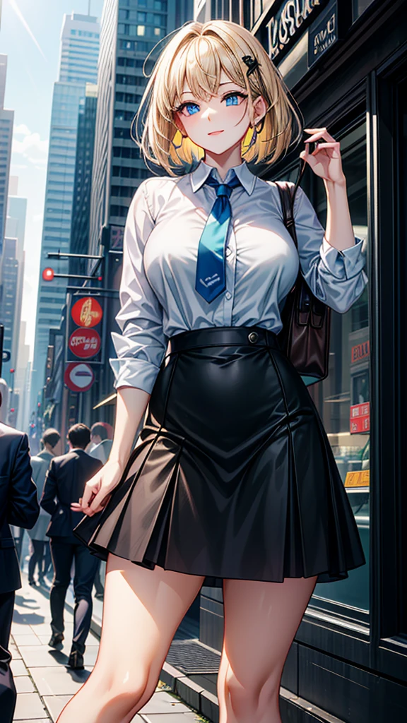 ((High resolution)), ((Lighting and color)), ((masterpiece)), ((Blue eyes)), Young woman with black eyes., Straight blonde hair, The wind blew it away and it got a little messy., Confident on a busy city street々Standing at. He wears a loose-fitting white business shirt that accentuates his natural elegance.。.., Pair it with a black tight skirt for a business look.。.. She is in a delicate pose, A confident smile, tilt your body slightly. Modern skyscrapers are mixed in the background.., Quaint café, Bustling pedestrians. The soft sunlight gently illuminates your face.., In the hustle and bustle of the city、Give off a warm glow、Emphasize your presence。."