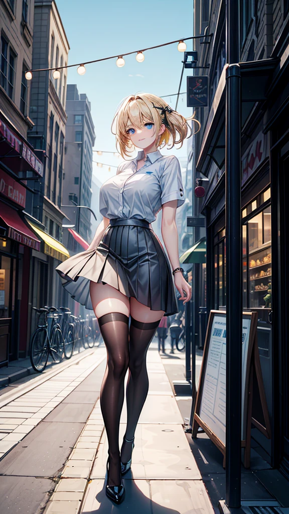 ((High resolution)), ((Lighting and color)), ((masterpiece)), ((Blue eyes)), Young woman with black eyes., Straight blonde hair, The wind blew it away and it got a little messy., Confident on a busy city street々Standing at. He wears a loose-fitting white business shirt that accentuates his natural elegance.。.., Pair it with a black tight skirt for a business look.。.. She is in a delicate pose, A confident smile, tilt your body slightly. Modern skyscrapers are mixed in the background.., Quaint café, Bustling pedestrians. The soft sunlight gently illuminates your face.., In the hustle and bustle of the city、Give off a warm glow、Emphasize your presence。."