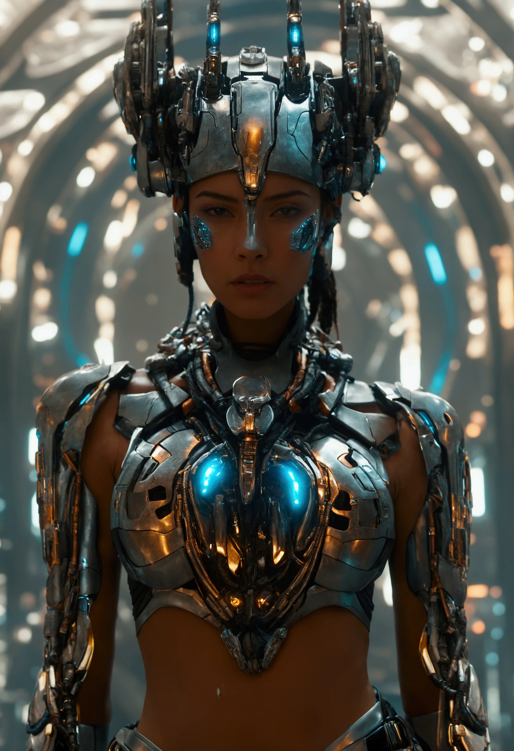 a close up of a woman in a futuristic suit with a helmet on, movie still of a cool cyborg, movie still of aztec cyborg, movie still of a cyborg, movie still of a villain cyborg, movie still of a alien cyborg, in a scifi movie, beautiful cyborg priestess, girl in mecha cyber armor, cyborg fashion shot, wearing futuristic armor