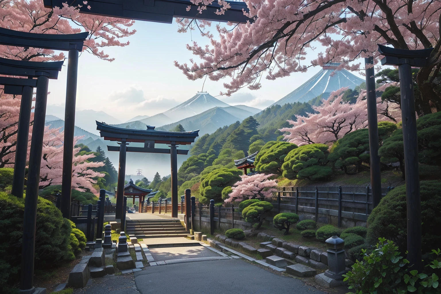Arafad view with gate and path leading to the mountain, Mount Japan中的鸟居, Torii gate with trees on the mountain, Japanese Landscape, The Flowery Road to Heaven, Japanese Nature, Japanese travel aesthetics, lush Japanese Landscape, Inspired by Torii Kiymoto, Japanese temples, Mount Japan, Japanese Shrines, Centered Torii，((low angle shot 1.7))