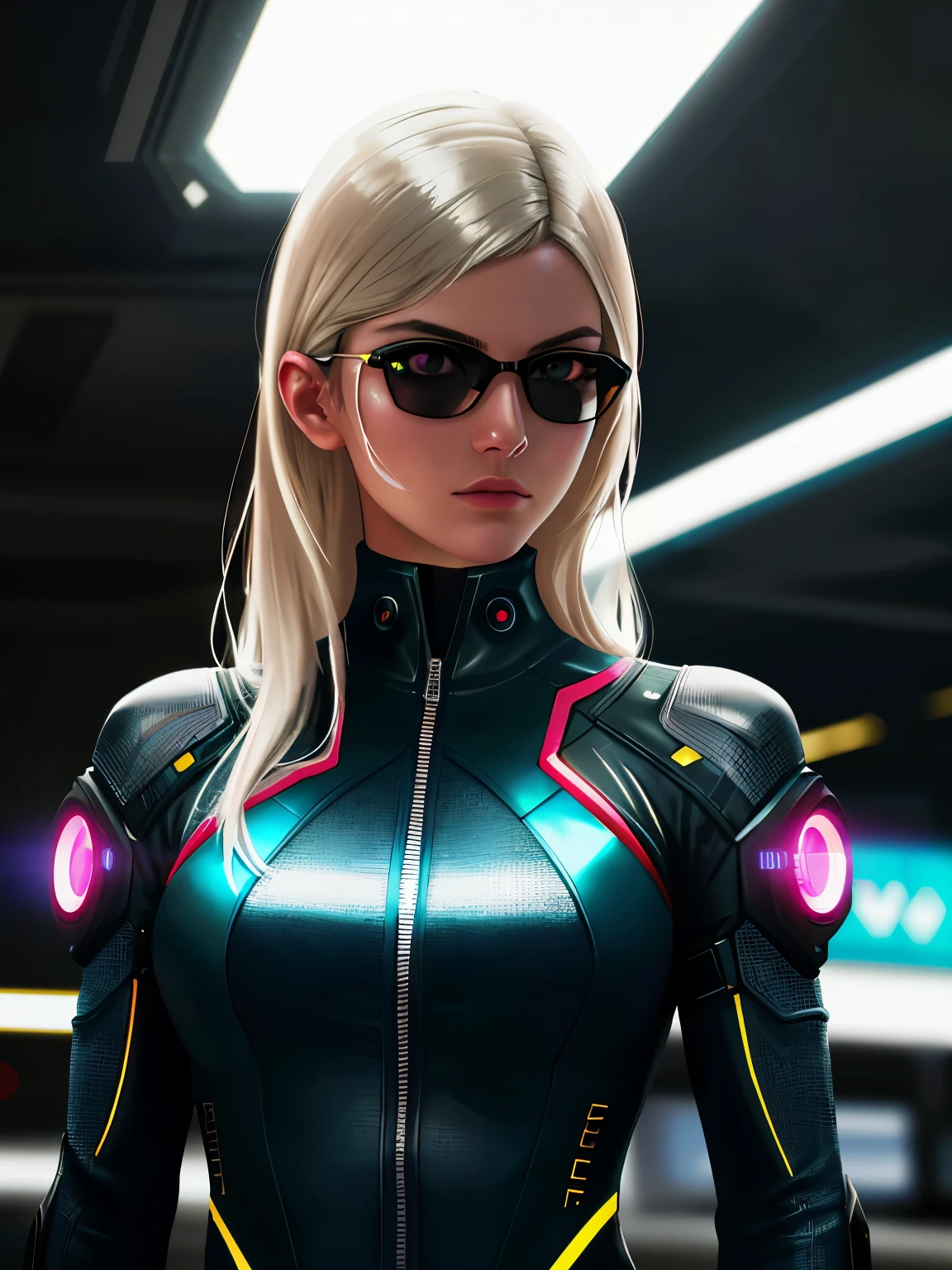 extremely detailed photo of a woman, loraelizabeth, cyberpunk, futuristic, cyberpunk bodysuit, 8k uhd, RAW photography, model photoshoot, detailed skin, skin imperfections