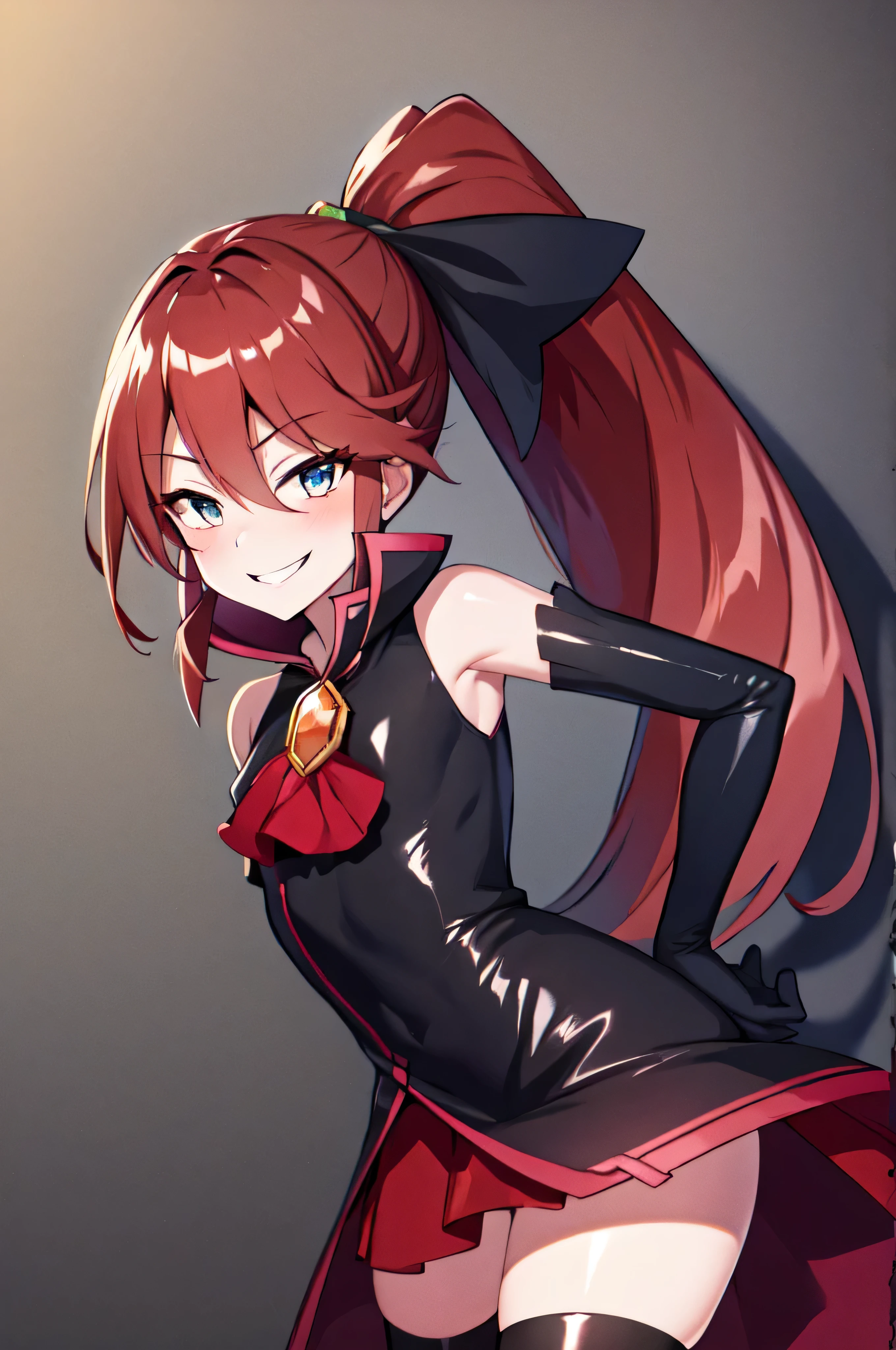Highest quality, masterpiece, One Girl,Not beautiful, Red Ponytail, Long dress, brooch, Hair Ribbon,  Black knee socks, Standing on the rubble,  (Wicked Smile:1.1), ,,Dark shadowed face,Sadistic smile,Malice,Contempt,smile,latex,Bad face,,Red Skirt,two hands,Two legs,five fingers,evil background,elbow gloves,latex, Wicked Smile, devilish aura (Shiny fabric:1.5),Dark world background,solo,


