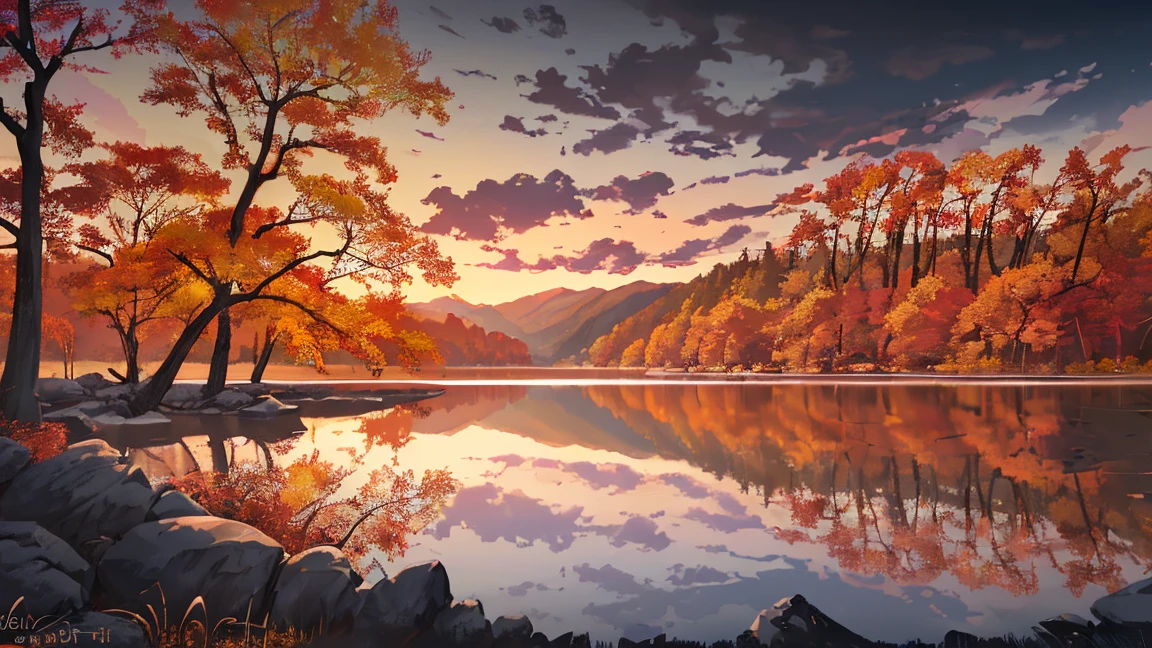 A serene autumn landscape, a cozy campfire, tents nestled among golden trees, a tranquil lake reflecting the vibrant foliage, hikers exploring the scenic trails, warm campfire glow, moody cloudy sky, beautiful fall colors, detailed texture of leaves and bark, realistic lighting and shadows, cinematic composition, breathtaking scenery, (best quality,8k,highres,masterpiece:1.2),ultra-detailed,(realistic,photorealistic,photo-realistic:1.37),landscape,autumn,camping,campfire,tents,trees,lake,hiking,moody,warm lighting,dramatic clouds,vibrant colors,detailed textures