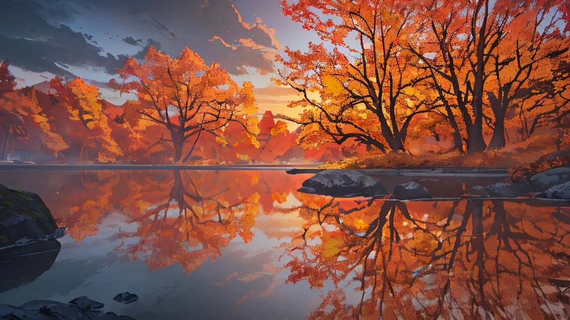 A serene autumn landscape, a cozy campfire, tents nestled among golden trees, a tranquil lake reflecting the vibrant foliage, hikers exploring the scenic trails, warm campfire glow, moody cloudy sky, beautiful fall colors, detailed texture of leaves and bark, realistic lighting and shadows, cinematic composition, breathtaking scenery, (best quality,8k,highres,masterpiece:1.2),ultra-detailed,(realistic,photorealistic,photo-realistic:1.37),landscape,autumn,camping,campfire,tents,trees,lake,hiking,moody,warm lighting,dramatic clouds,vibrant colors,detailed textures