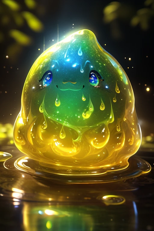 (Highest quality、masterpiece、8k))、Very detailed、High resolution、((Beautiful and shining eyes))、((Lots of different colored slimes))、Japanese kitten slime、Round kitten slime、Five very cute kitten slimes、1 blue slime、1 red slime、1 yellow slime、1 green slime、One black slime、cat ears are cute