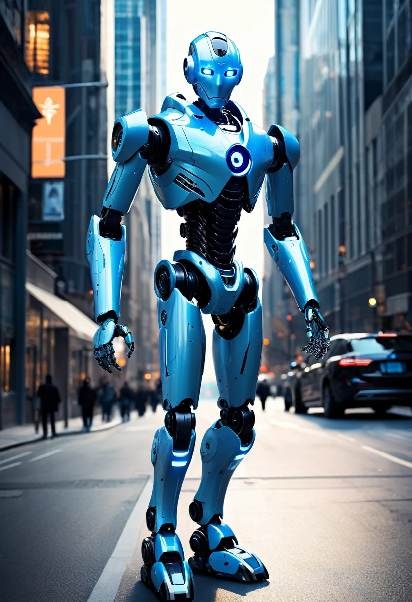 A humanoid robot of sophisticated design patrols the streets of a futuristic city. Its eyes and hands glow blue, symbolizing both its advanced technology and its mission to protect.