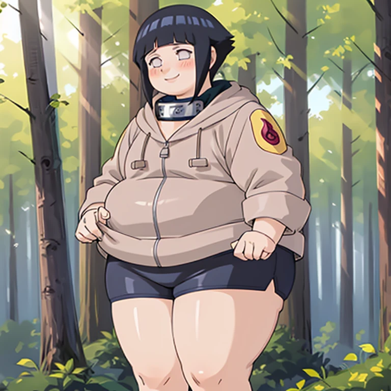 standing, shy, smile, blush, 1girl, obese hyuuga hinata, thick thighs, perfect body, black hair, short hair, white eyes, no pupils, small breats, black jacket, ultra detailed, masterpiece, best quality, aesthetic, detailed