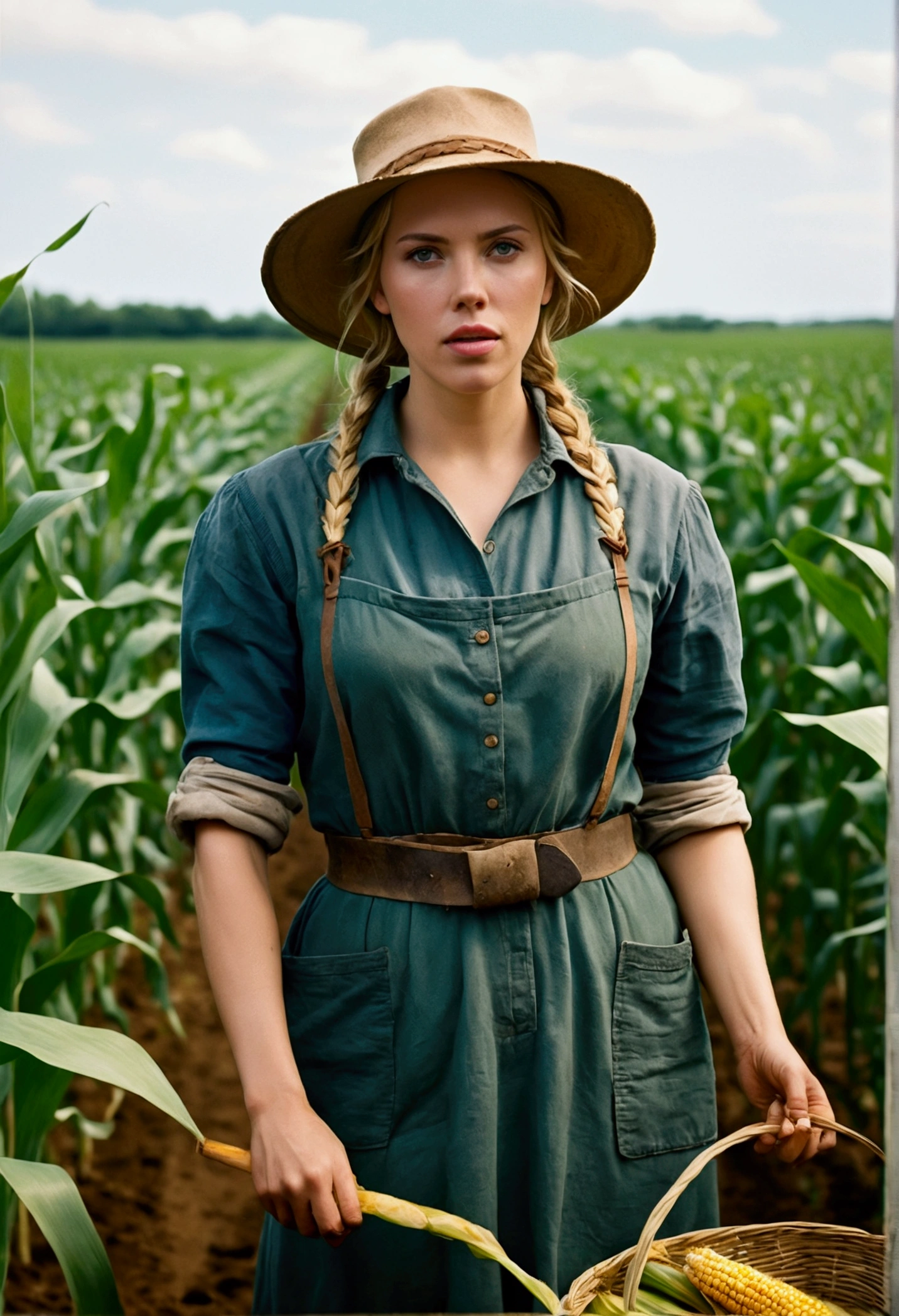 Cinematic photo of Scarlett Johansson as a dedicated farmer tending to her lush corn plantation. She is dressed in typical peasant farmer clothes, wearing a simple, earth-toned linen dress that falls just below her knees, with rolled-up sleeves and a sturdy leather belt cinching her waist. Over her dress, she wears a well-worn, wide-brimmed straw hat that provides shade from the sun, and her feet are clad in practical, mud-streaked boots.Her blond hair is tied back in a loose braid, a few strands escaping to frame her sun-kissed face. Her piercing green eyes reflect both the hard work and the pride she takes in her farm. Her expression is one of determination and contentment, embodying the resilience and strength of a devoted farmer.The setting is a vast, vibrant corn plantation, with tall, healthy stalks of corn stretching as far as the eye can see. The sun is high in the sky, casting a warm, golden light over the entire scene. The rich green of the corn contrasts beautifully with the blue sky dotted with fluffy white clouds.Scarlett is captured mid-action, perhaps holding a worn wooden hoe or carrying a basket filled with freshly harvested corn. The natural setting is teeming with life, with the sounds of birds chirping and a gentle breeze rustling the leaves adding to the bucolic charm.The photograph, taken with a Nikon D850 using an f1.6 camera lens, captures every detail with stunning clarity and rich, realistic textures. The analog style and bokeh effect enhance the depth and realism of the image, creating a cinematic and evocative portrait of a hardworking and beautiful farmer in her element. --auto--s2, Stock photography, Kodak Portra 400 film, hyperrealistic, realistic texture, dramatic lighting, Cinemastill 800