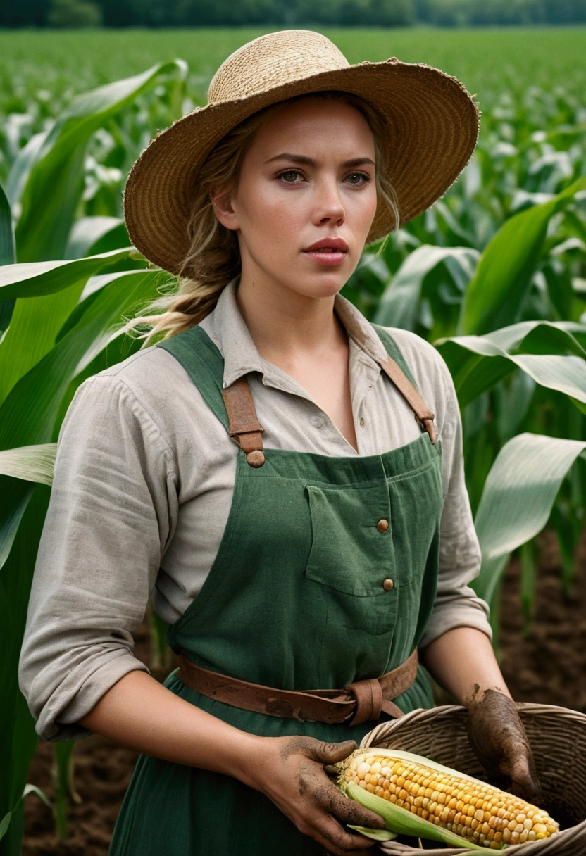 Cinematic photo of Scarlett Johansson as a dedicated farmer tending to her lush corn plantation. She is dressed in typical peasant farmer clothes, wearing a simple, earth-toned linen dress that falls just below her knees, with rolled-up sleeves and a sturdy leather belt cinching her waist. Over her dress, she wears a well-worn, wide-brimmed straw hat that provides shade from the sun, and her feet are clad in practical, mud-streaked boots.Her blond hair is tied back in a loose braid, a few strands escaping to frame her sun-kissed face. Her piercing green eyes reflect both the hard work and the pride she takes in her farm. Her expression is one of determination and contentment, embodying the resilience and strength of a devoted farmer.The setting is a vast, vibrant corn plantation, with tall, healthy stalks of corn stretching as far as the eye can see. The sun is high in the sky, casting a warm, golden light over the entire scene. The rich green of the corn contrasts beautifully with the blue sky dotted with fluffy white clouds.Scarlett is captured mid-action, perhaps holding a worn wooden hoe or carrying a basket filled with freshly harvested corn. The natural setting is teeming with life, with the sounds of birds chirping and a gentle breeze rustling the leaves adding to the bucolic charm.The photograph, taken with a Nikon D850 using an f1.6 camera lens, captures every detail with stunning clarity and rich, realistic textures. The analog style and bokeh effect enhance the depth and realism of the image, creating a cinematic and evocative portrait of a hardworking and beautiful farmer in her element. --auto--s2, Stock photography, Kodak Portra 400 film, hyperrealistic, realistic texture, dramatic lighting, Cinemastill 800