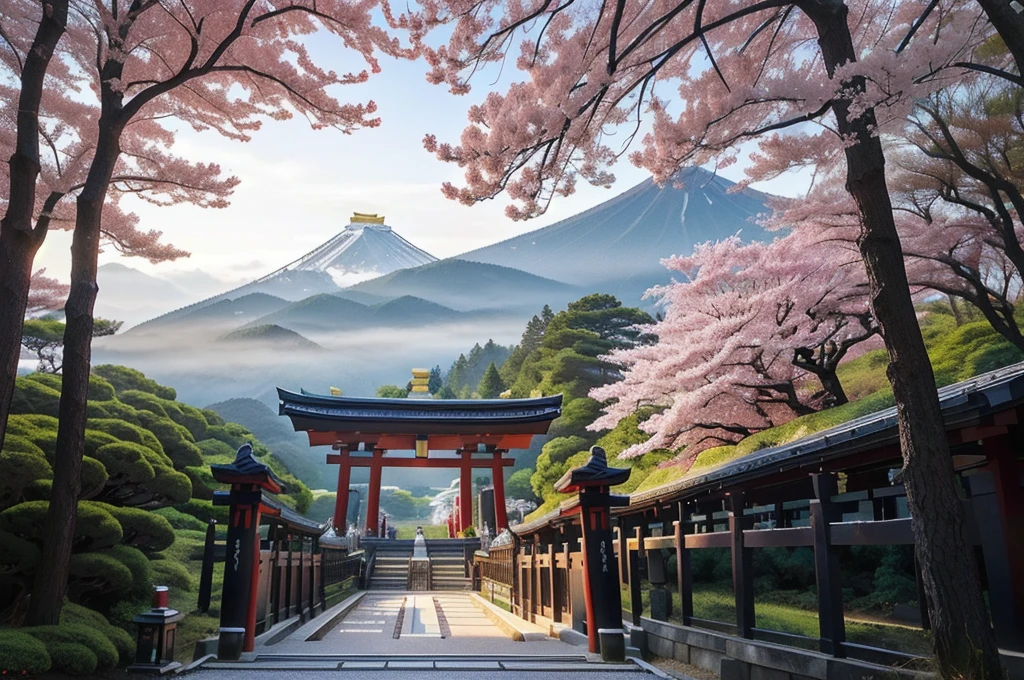 Arafad view with gate and path leading to the mountain, Mount Japan中的鸟居, Torii gate with trees on the mountain, Japanese Landscape, The Flowery Road to Heaven, Japanese Nature, Japanese travel aesthetics, lush Japanese Landscape, Inspired by Torii Kiymoto, Japanese temples, Mount Japan, Japanese Shrines, Centered Torii,((low angle shot 1.7))
