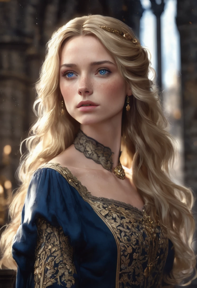 1 woman, inside a castle, wearing an elegant dark blue dress, gold accessories, detailed facial features, feminine gray-blue eyes, freckles on the face, detailed fair skin, long blonde brown hair, dramatic lighting, cinematic composition, dark palette, dark colors, atmospheric haze, thin chin, serious face, serious face, strong and beautiful woman (best quality, 4K, 8K, high resolution, art: 1.2), ultra detailed (realistic, photorealistic, photorealistic: 1.37)