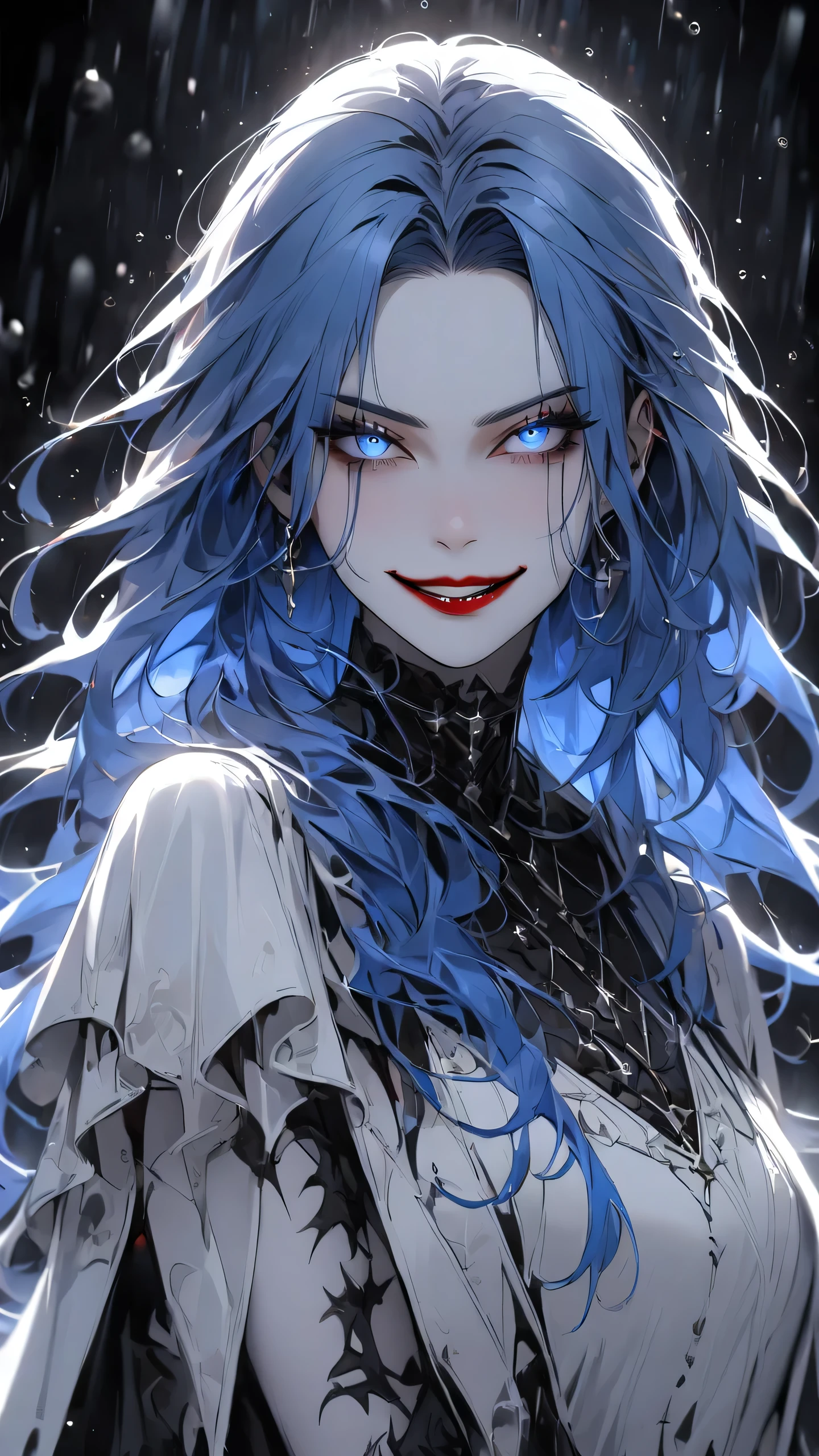 highest quality、masterpiece、1 girl、water droplets background、blue hair:1.5、blue eyes、red lips, white clothes、Black and white world、Black and white world、pale skin、side blade, evil smile, straight-on