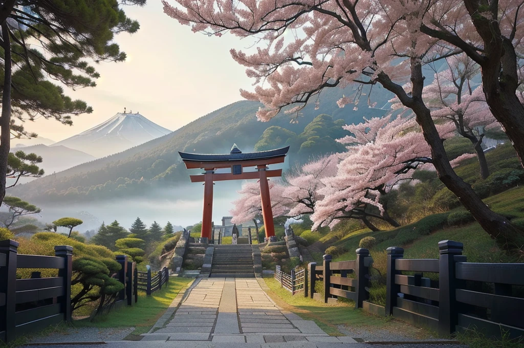 Arafad view with gate and path leading to the mountain, Mount Japan中的鸟居, Torii gate with trees on the mountain, Japanese Landscape, The Flowery Road to Heaven, Japanese Nature, Japanese travel aesthetics, lush Japanese Landscape, Inspired by Torii Kiymoto, Japanese temples, Mount Japan, Japanese Shrines, Centered Torii，((low angle shot 1.7))