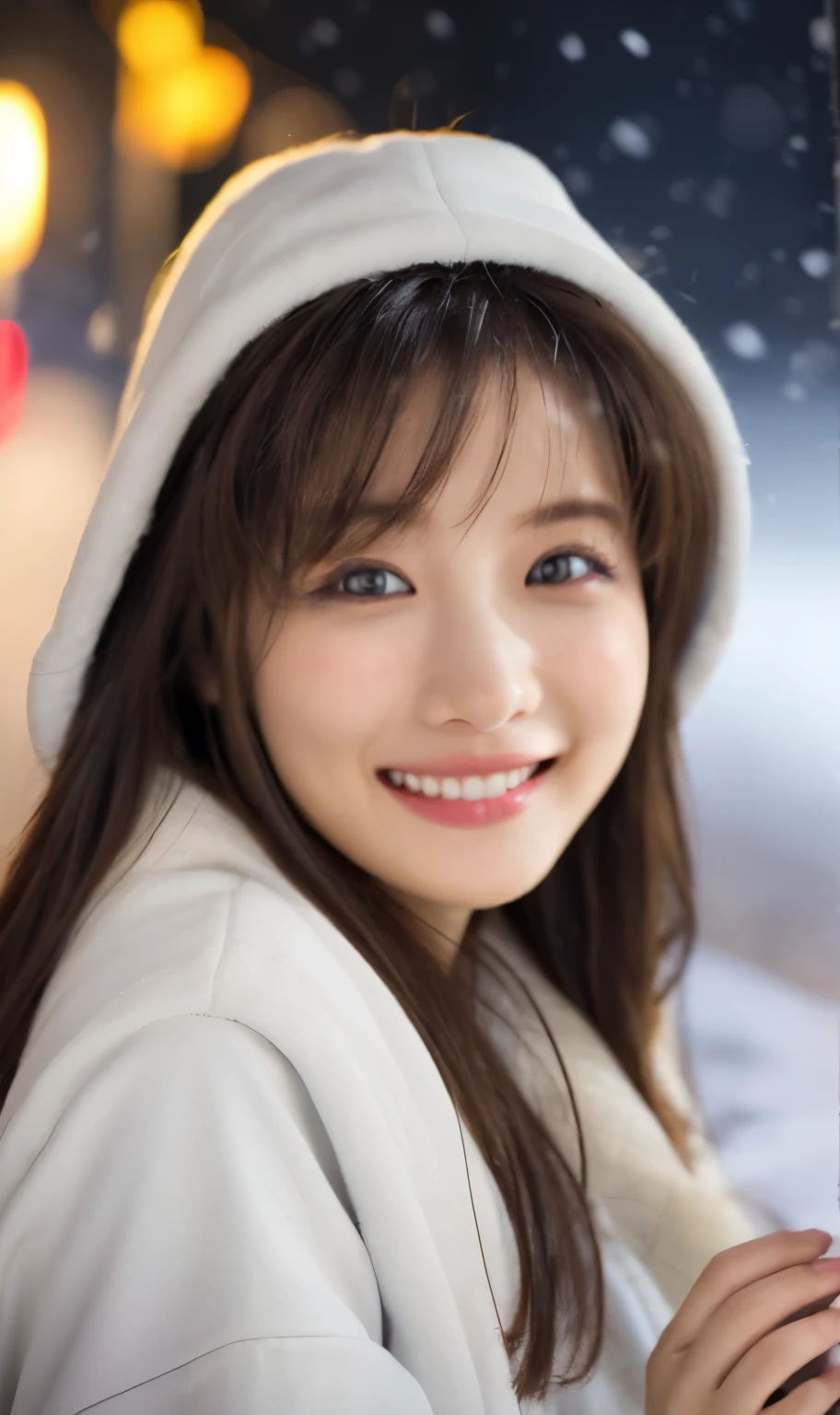 1girl in, (wear a platinum coat:1.2), (Raw photo, Best Quality), (Realistic, Photorealsitic:1.4), masutepiece, Extremely delicate and beautiful, Extremely detailed, 2k wallpaper, amazing, finely detail, the Extremely Detailed CG Unity 8K Wallpapers, Ultra-detailed, hight resolution, Soft light, Beautiful detailed girl, extremely detailed eye and face, beautiful detailed nose, Beautiful detailed eyes, Cinematic lighting, Illuminations coloring the city on a snowy night, Snowy landscape, It's snowing, There&#39;s snow in my hair, Perfect Anatomy, Slender body, Taut, 
Straight semi-long hair, Bangs, Looking at Viewer, A slight smil