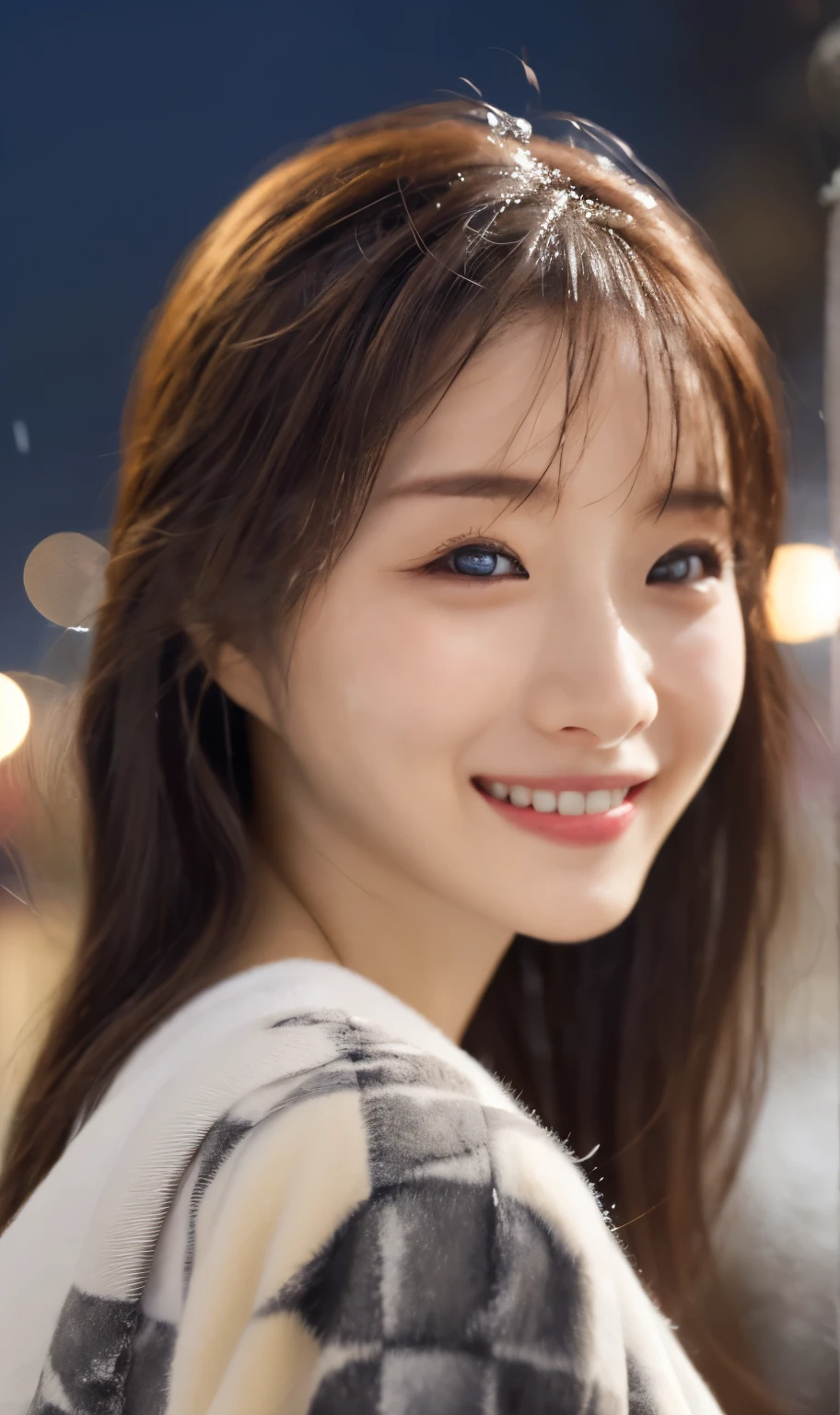 1girl in, (wear a platinum coat:1.2), (Raw photo, Best Quality), (Realistic, Photorealsitic:1.4), masutepiece, Extremely delicate and beautiful, Extremely detailed, 2k wallpaper, amazing, finely detail, the Extremely Detailed CG Unity 8K Wallpapers, Ultra-detailed, hight resolution, Soft light, Beautiful detailed girl, extremely detailed eye and face, beautiful detailed nose, Beautiful detailed eyes, Cinematic lighting, Illuminations coloring the city on a snowy night, Snowy landscape, It's snowing, There's snow in my hair, Perfect Anatomy, Slender body, Taut,
Straight semi-long hair, Bangs, Looking at Viewer, A slight smil