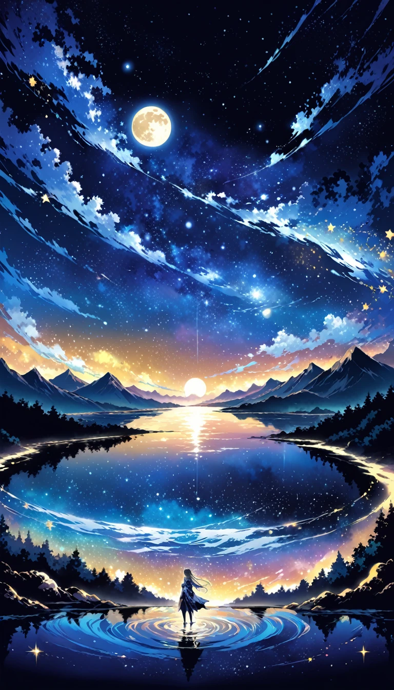The condensed beauty of a painting depicting a river, stars and the moon in the sky, Concept art inspired by Tosa Mitsuoki, pixiv Contest Winner, Highest quality, Fantasy art, Beautiful anime scene, Bright moon ring, Starry Sky environment in the moonlight, Dream Painting, Anime Background art, Dreamscape Painting, Great night, Anime Background, Background artwork, Great art, Atmospheric anime, Starry Sky, Detail enhancements.