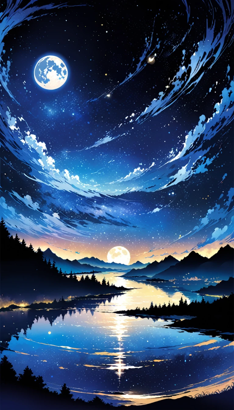 The condensed beauty of a painting depicting a river, stars and the moon in the sky, Concept art inspired by Tosa Mitsuoki, pixiv Contest Winner, Highest quality, Fantasy art, Beautiful anime scene, Bright moon ring, Starry Sky environment in the moonlight, Dream Painting, Anime Background art, Dreamscape Painting, Great night, Anime Background, Background artwork, Great art, Atmospheric anime, Starry Sky, Detail enhancements.