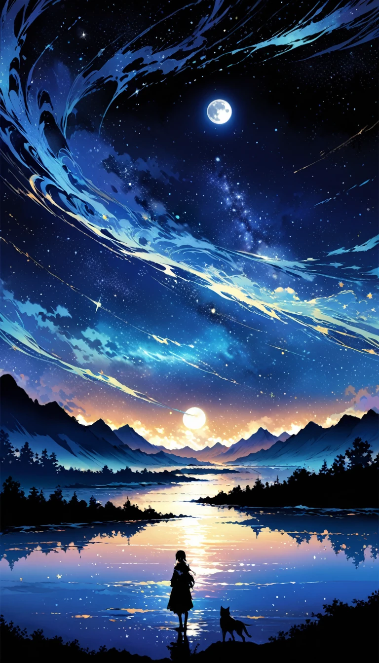The condensed beauty of a painting depicting a river, stars and the moon in the sky, Concept art inspired by Tosa Mitsuoki, pixiv Contest Winner, Highest quality, Fantasy art, Beautiful anime scene, Bright moon ring, Starry Sky environment in the moonlight, Dream Painting, Anime Background art, Dreamscape Painting, Great night, Anime Background, Background artwork, Great art, Atmospheric anime, Starry Sky, Detail enhancements.