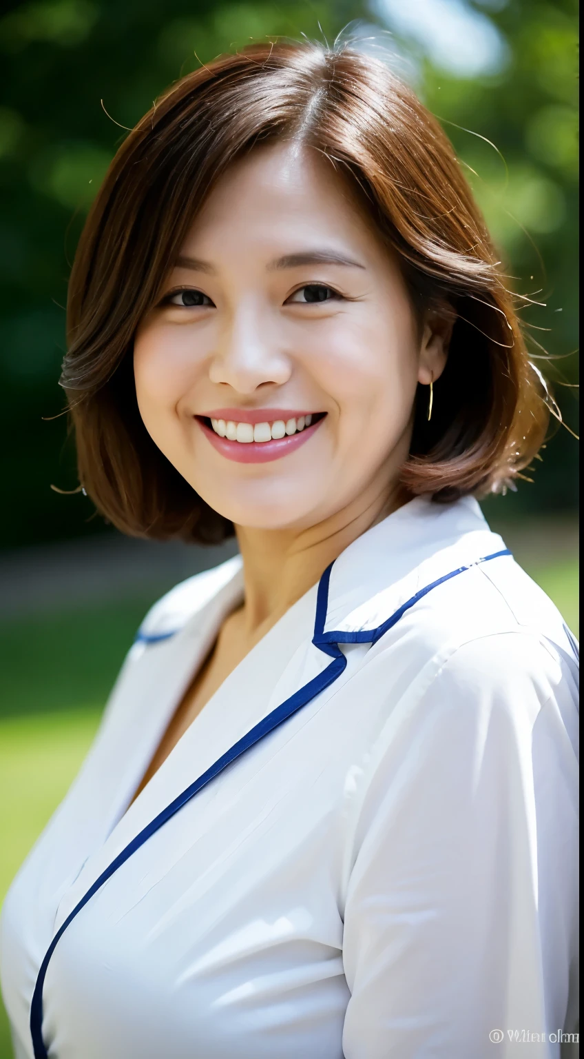 Standing in the park, Wrinkles around the eyes, Smiling with teeth showing, Plain short-sleeved clothing, senior citizen, Draw lips correctly, Red lipstick, No discomfort, 16K, Highest quality, Very detailed, Realistic, Very detailed肌, (Japanese), (alone), 60 years old, Large Breasts, , Glamour, sexy, Chromo White Skin, Staring straight ahead,