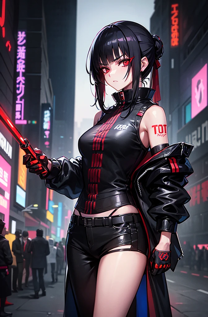 Artwork, une fille, regard agressif, Red eyes, black hair tied, two sabers in the back, dressed in black, tattoo, gangster, Yakuza, Aesthetic, cyberpunk, seductive cyberpunk dark fantasy, Threatening