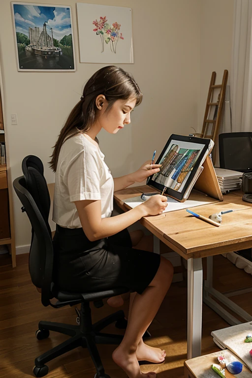 A 20 years old girl is drawing a picture with ipad. She is an artist. There is a working desk, and she is sitting on the chair. Some sketch paintings are on the wall