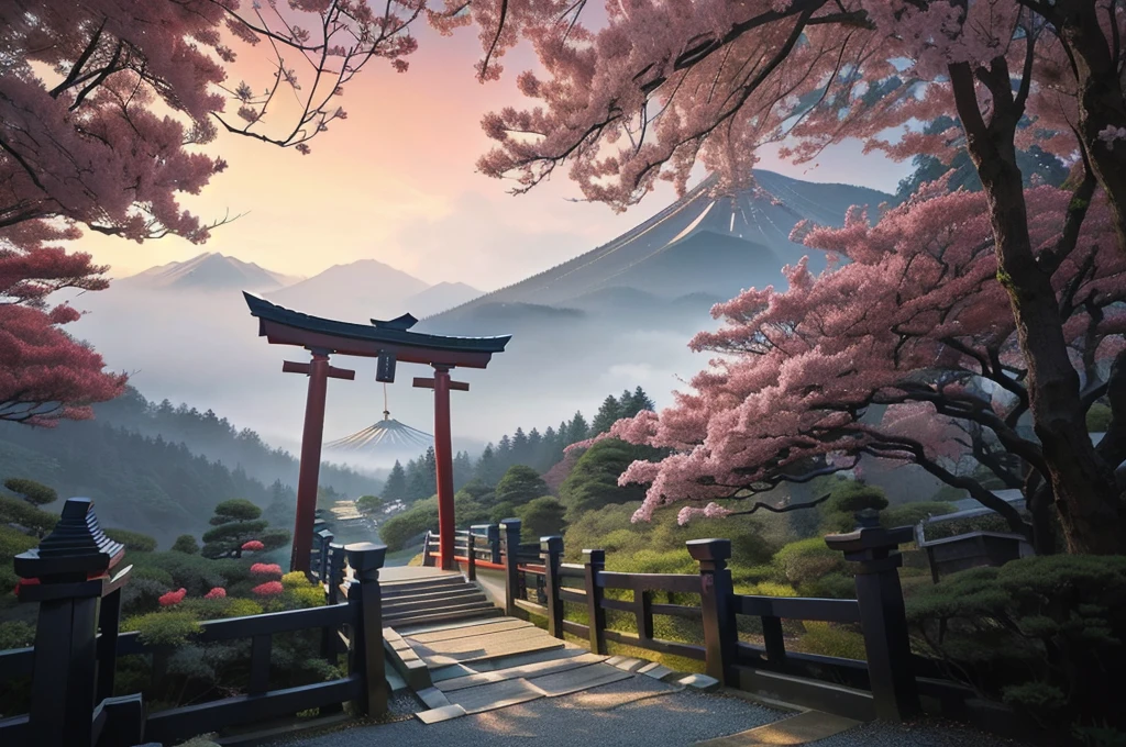 Arafad view with gate and path leading to the mountain, Mount Japan中的鸟居, Torii gate with trees on the mountain, Japanese Landscape, The Flowery Road to Heaven, Japanese Nature, Japanese travel aesthetics, lush Japanese Landscape, Inspired by Torii Kiymoto, Japanese temples, Mount Japan, Japanese Shrines, Centered Torii,((low angle shot 1.7))