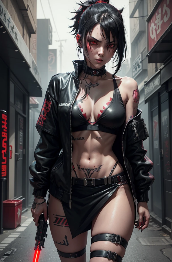 Artwork, une fille, regard agressif, Red eyes, black hair tied, two sabers in the back, dressed in black, tattoo, gangster, Yakuza, Aesthetic, cyberpunk, seductive cyberpunk dark fantasy, Threatening