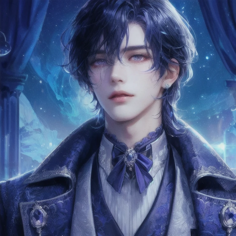 male, defined jawline, bright light purple eyes, lightpurple indigo detailed outfit duke, ((((radiant blue indigo hair))))