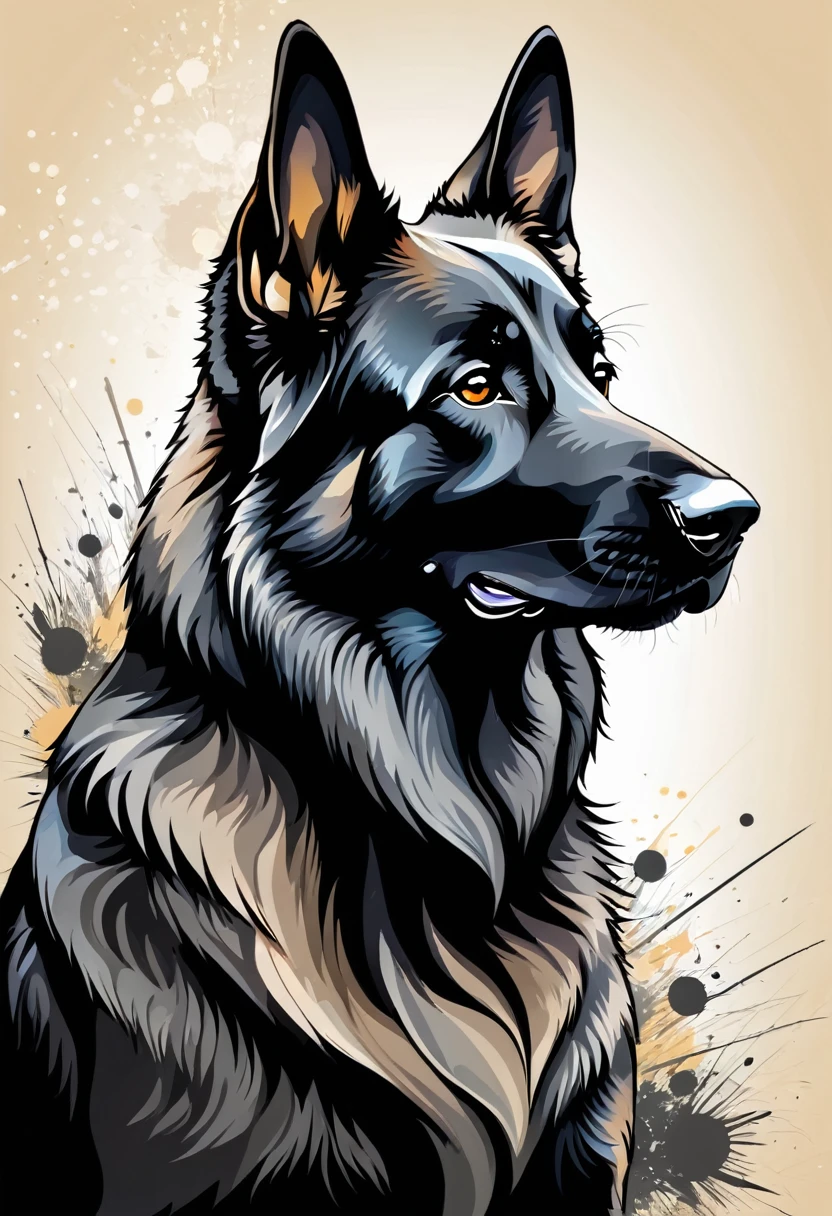 Black German Shepherd silhouette art on abstract background, sharp edges, ​masterpiece, drawn with pencil, Vector image