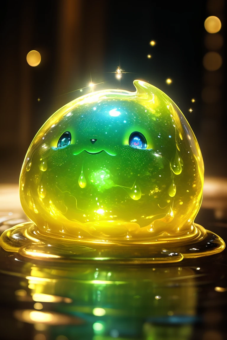 (Highest quality、masterpiece、8k))、Anatomically correct、Very detailed、High resolution、Realistic、((Beautiful, sparkling, detailed eyes))、Intricate details、Cinematic lighting、((Dynamic composition))、Japanese Slime、Round Slime、Very cute slime、Blue slime、Red slime、Yellow slime、Green slime、Black Slime