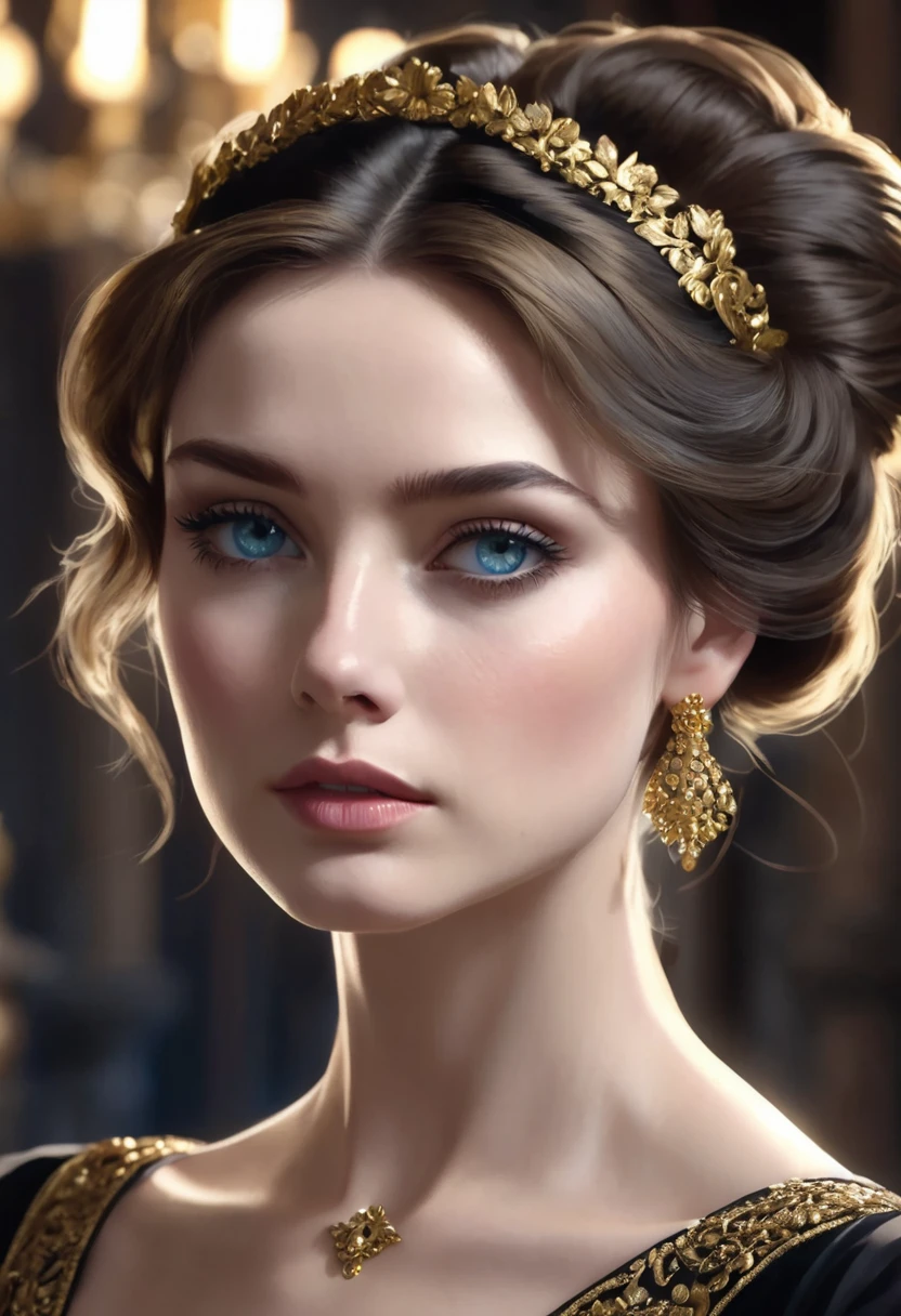 1 woman, inside a castle, wearing an elegant black dress, gold accessories, detailed facial features, feminine ash blue eyes, detailed fair skin, golden brown hair in a neat sleek bun, dramatic lighting, cinematic composition, dark palette, dark colors, atmospheric haze, thin chin, serious face, serious face, strong and beautiful woman (best quality, 4K, 8K, high resolution, art: 1.2), ultra detailed (realistic, photorealistic, photorealistic: 1.37)