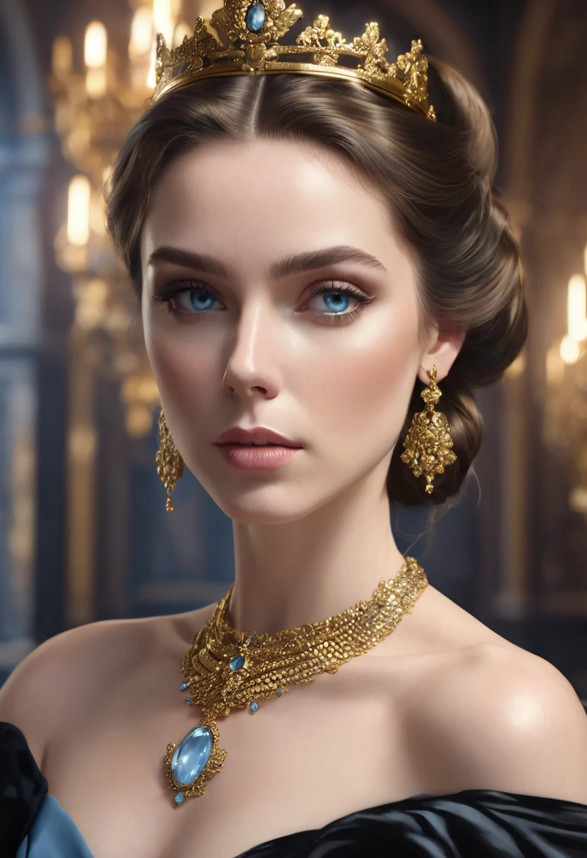 1 woman, inside a castle, wearing an elegant black dress, gold accessories, detailed facial features, feminine ash blue eyes, detailed fair skin, golden brown hair in a neat sleek bun, dramatic lighting, cinematic composition, dark palette, dark colors, atmospheric haze, thin chin, serious face, serious face, strong and beautiful woman (best quality, 4K, 8K, high resolution, art: 1.2), ultra detailed (realistic, photorealistic, photorealistic: 1.37)