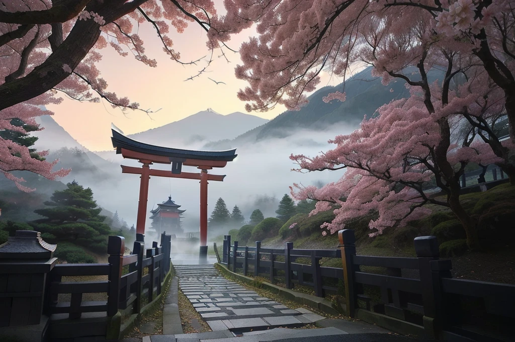 Arafad view with gate and path leading to the mountain, Mount Japan中的鸟居, Torii gate with trees on the mountain, Japanese Landscape, The Flowery Road to Heaven, Japanese Nature, Japanese travel aesthetics, lush Japanese Landscape, Inspired by Torii Kiymoto, Japanese temples, Mount Japan, Japanese Shrines, Centered Torii，((low angle shot 1.7))
