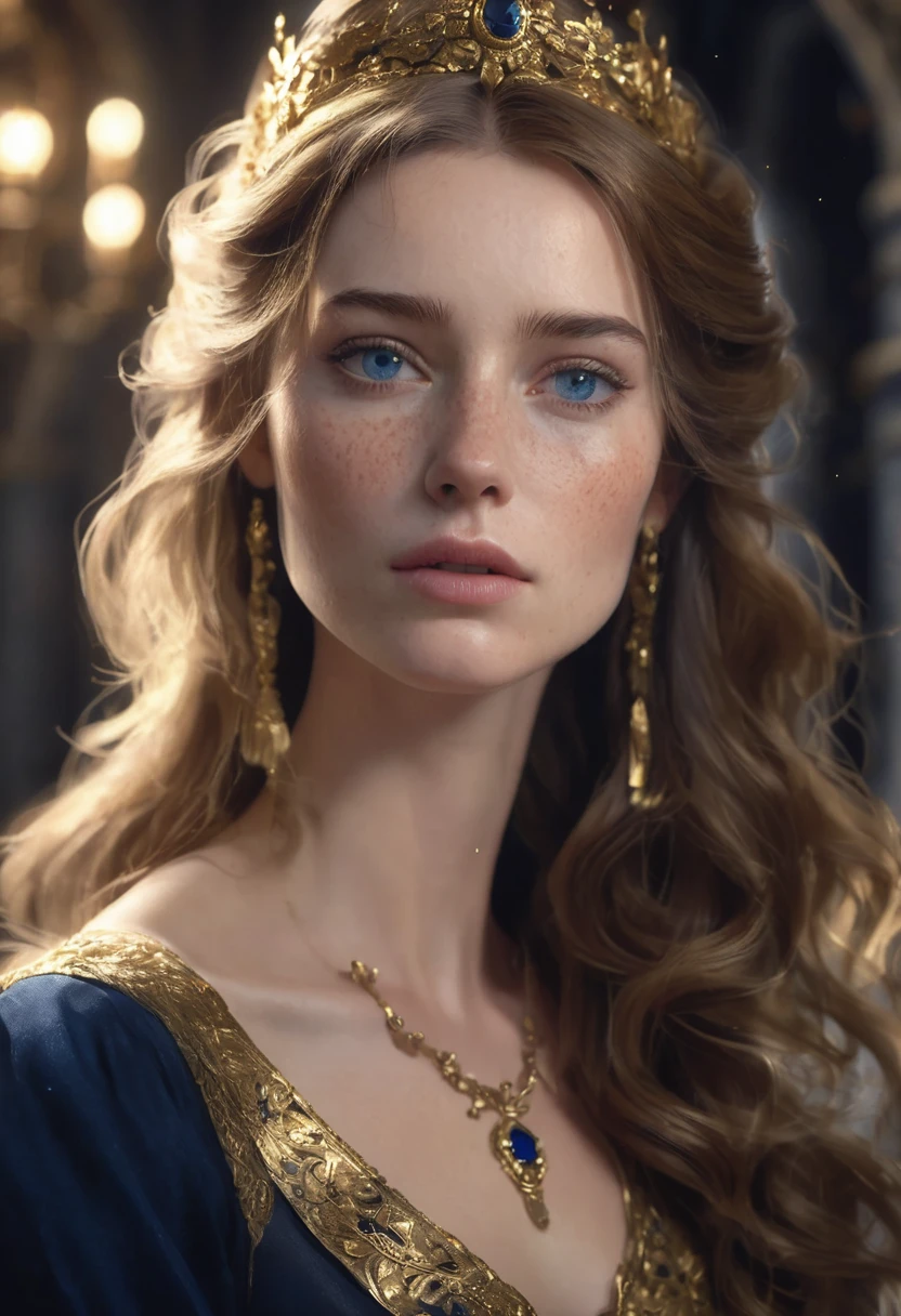1 woman, inside a castle, wearing an elegant dark blue dress, gold accessories, detailed facial features, feminine gray-blue eyes, freckles on the face, detailed fair skin, long golden brown hair, dramatic lighting, cinematic composition, dark palette, dark colors, atmospheric haze, thin chin, serious face, serious face, strong and beautiful woman (best quality, 4K, 8K, high resolution, art: 1.2), ultra detailed (realistic, photorealistic, photorealistic: 1.37)