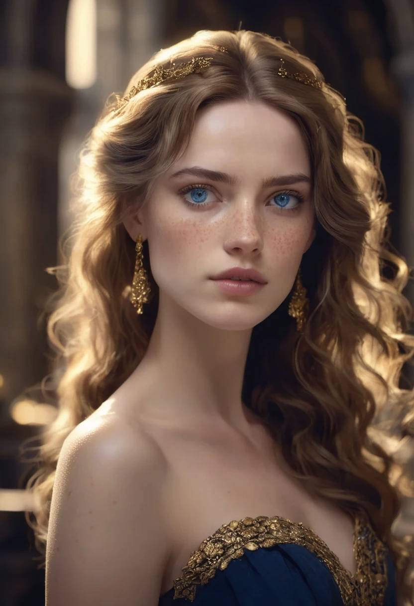 1 woman, inside a castle, wearing an elegant dark blue dress, gold accessories, detailed facial features, feminine gray-blue eyes, freckles on the face, detailed fair skin, long golden brown hair, dramatic lighting, cinematic composition, dark palette, dark colors, atmospheric haze, thin chin, serious face, serious face, strong and beautiful woman (best quality, 4K, 8K, high resolution, art: 1.2), ultra detailed (realistic, photorealistic, photorealistic: 1.37)