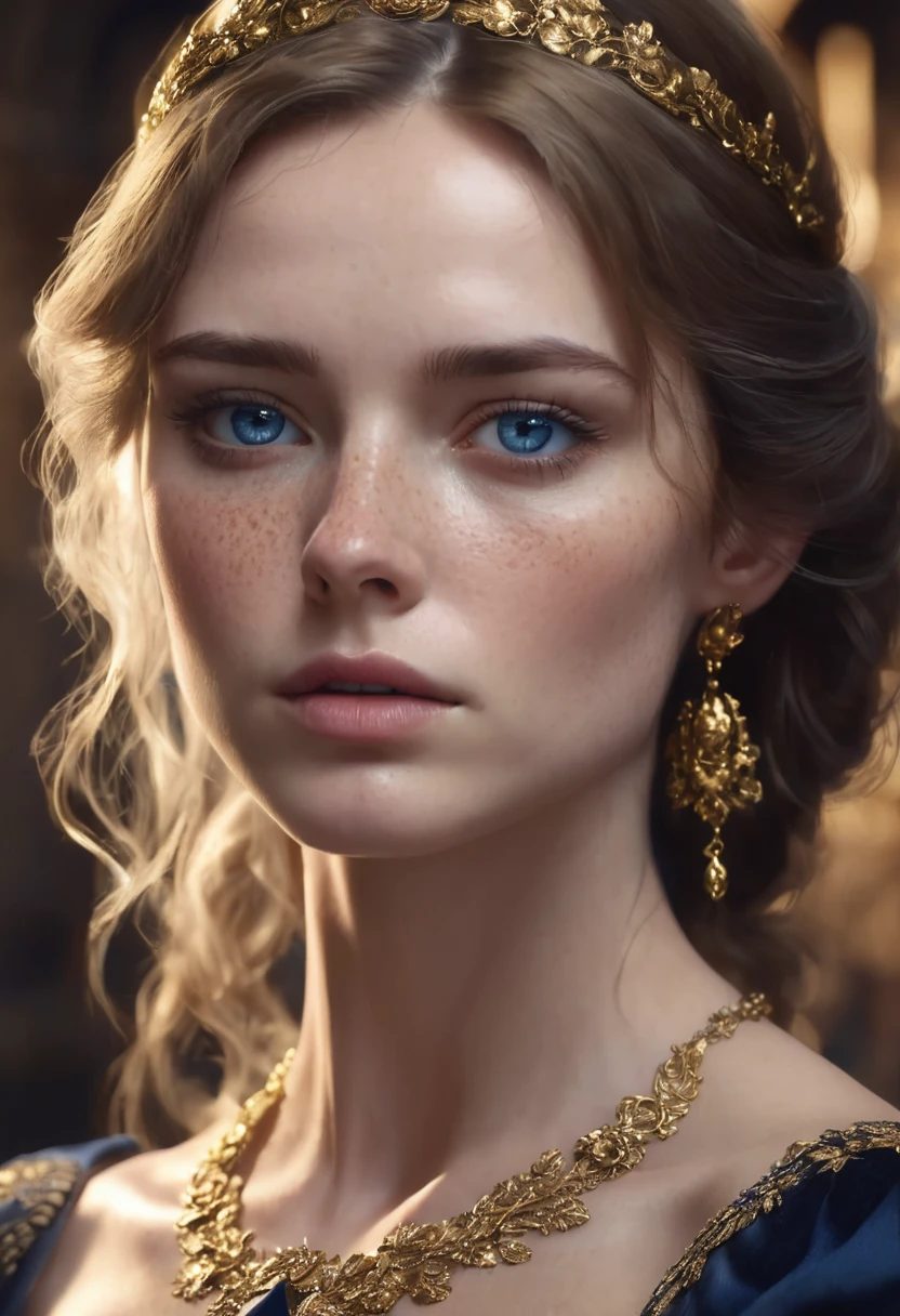 1 woman, inside a castle, wearing an elegant dark blue dress, gold accessories, detailed facial features, feminine gray-blue eyes, freckles on the face, detailed fair skin, long golden brown hair, dramatic lighting, cinematic composition, dark palette, dark colors, atmospheric haze, thin chin, serious face, serious face, strong and beautiful woman (best quality, 4K, 8K, high resolution, art: 1.2), ultra detailed (realistic, photorealistic, photorealistic: 1.37)