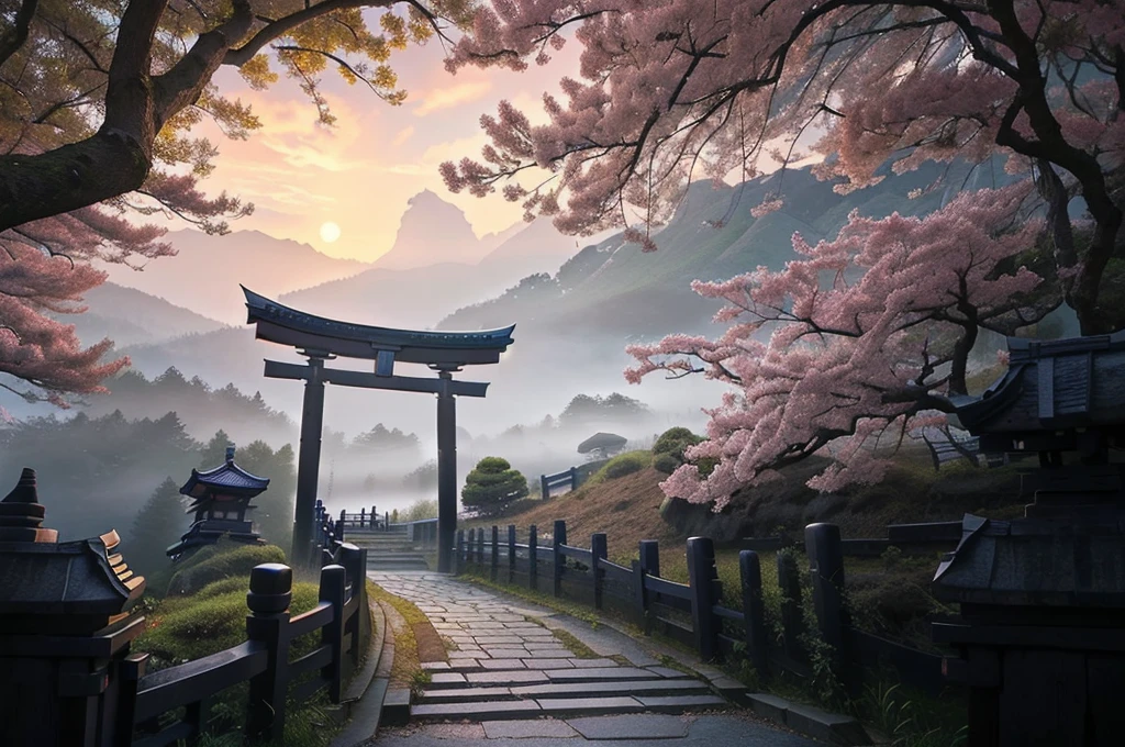 Arafad view with gate and path leading to the mountain, Mount Japan中的鸟居, Torii gate with trees on the mountain, Japanese Landscape, The Flowery Road to Heaven, Japanese Nature, Japanese travel aesthetics, lush Japanese Landscape, Inspired by Torii Kiymoto, Japanese temples, Mount Japan, Japanese Shrines, Centered Torii，((low angle shot 1.7))